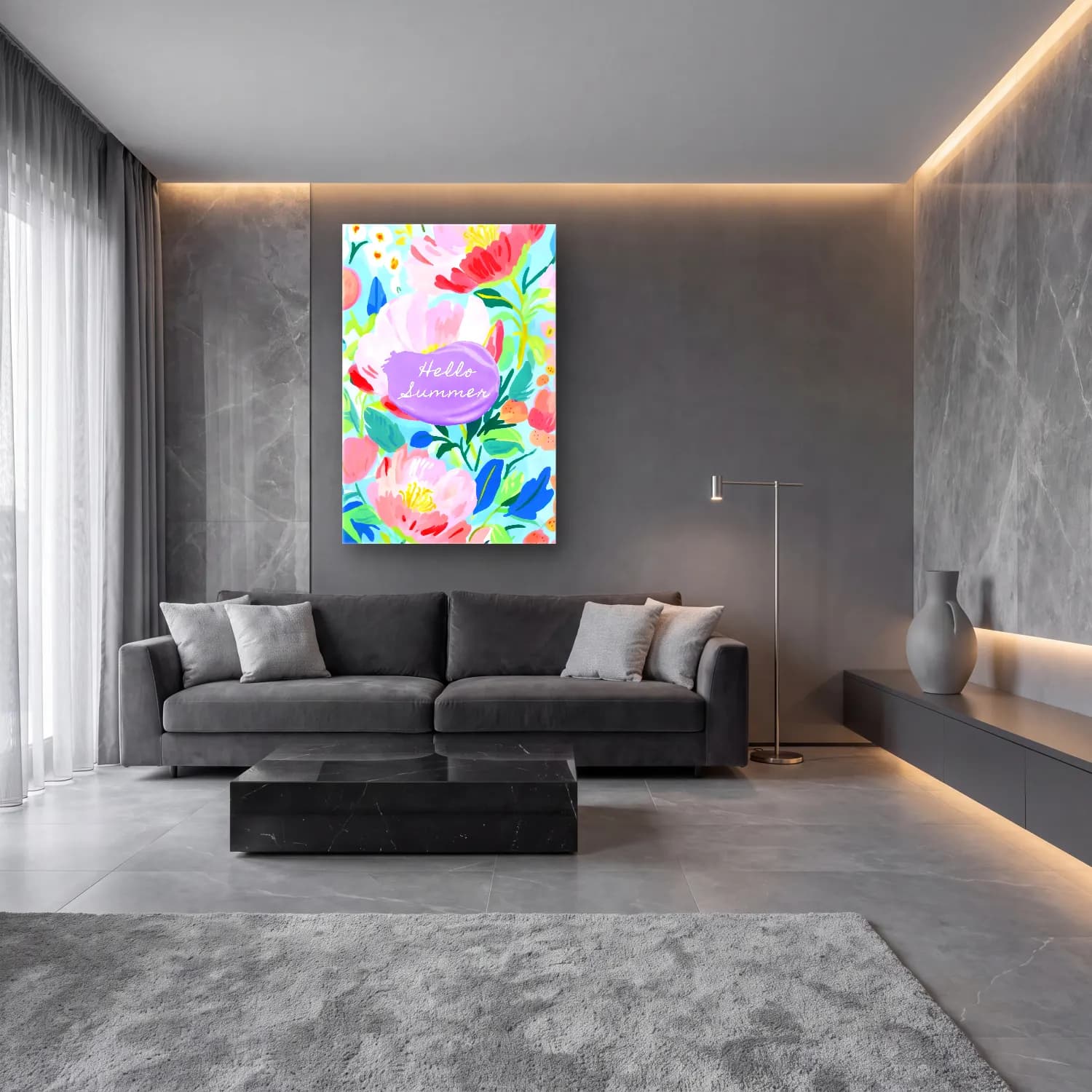 Pastel Çiçek Deseni No. 41 cam tablo — lüks salon duvarında
