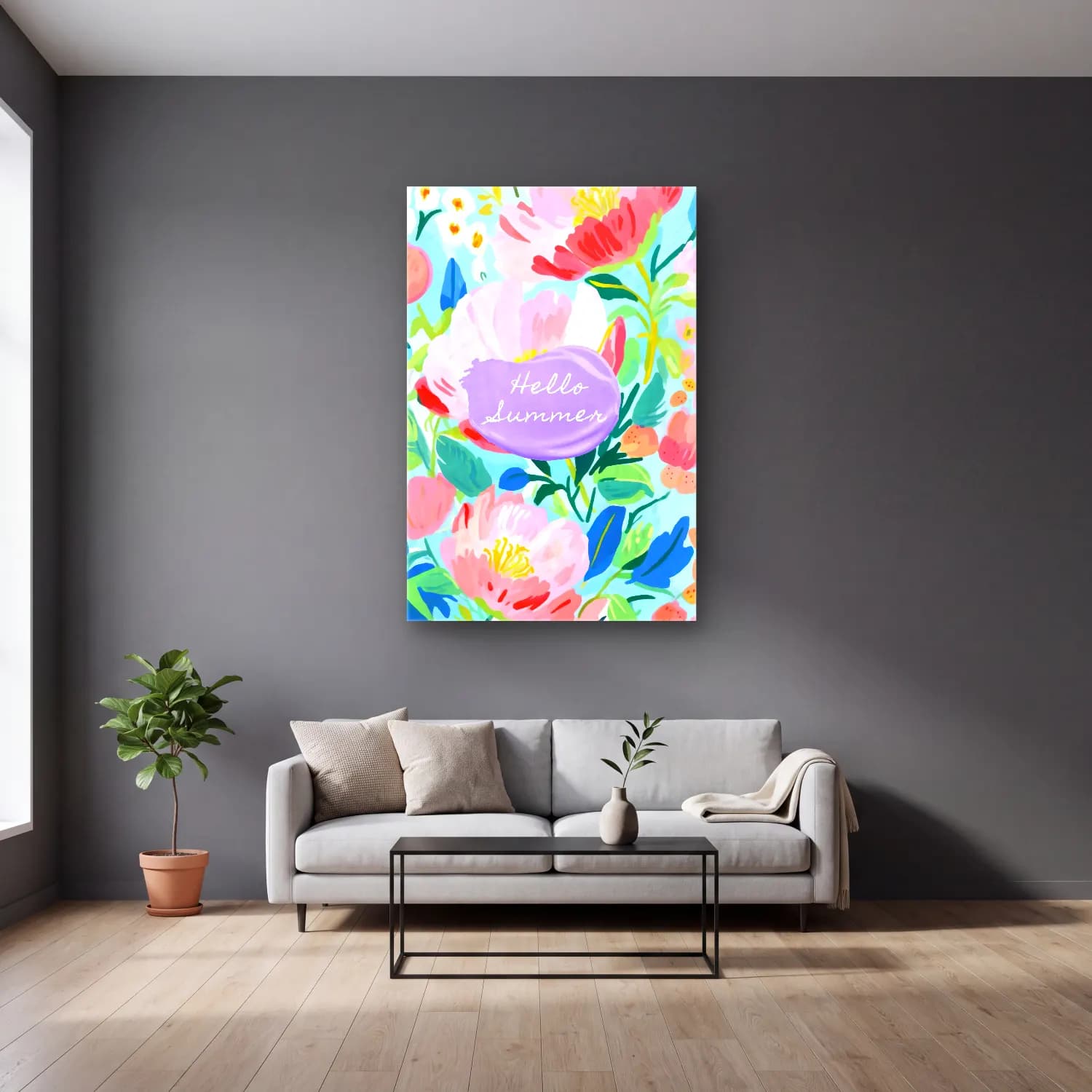 Pastel Çiçek Deseni No. 41 cam tablo — gri duvarlı salonda