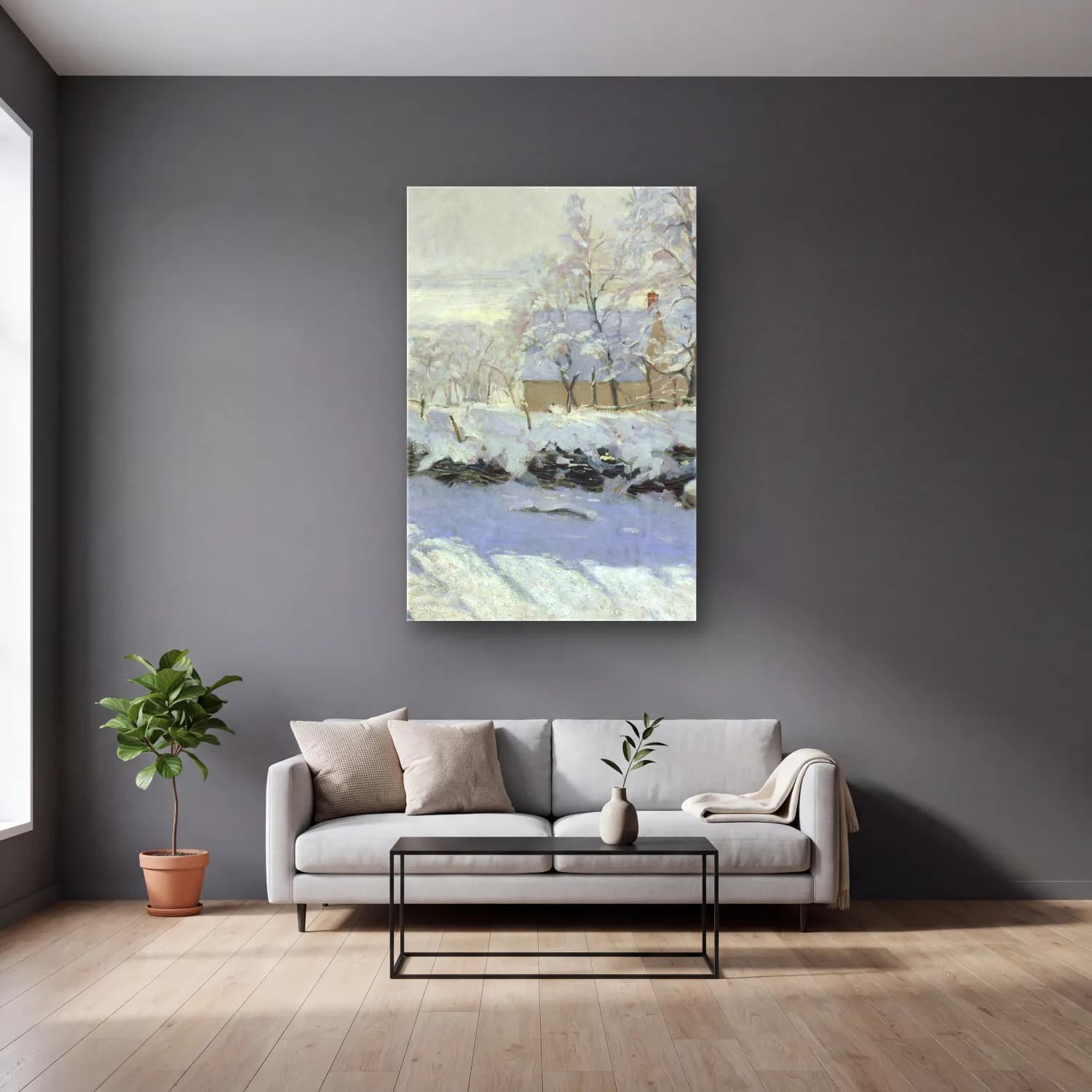 Claude Monet – The Magpie – Bej Tonlar cam tablo — gri duvarlı salonda