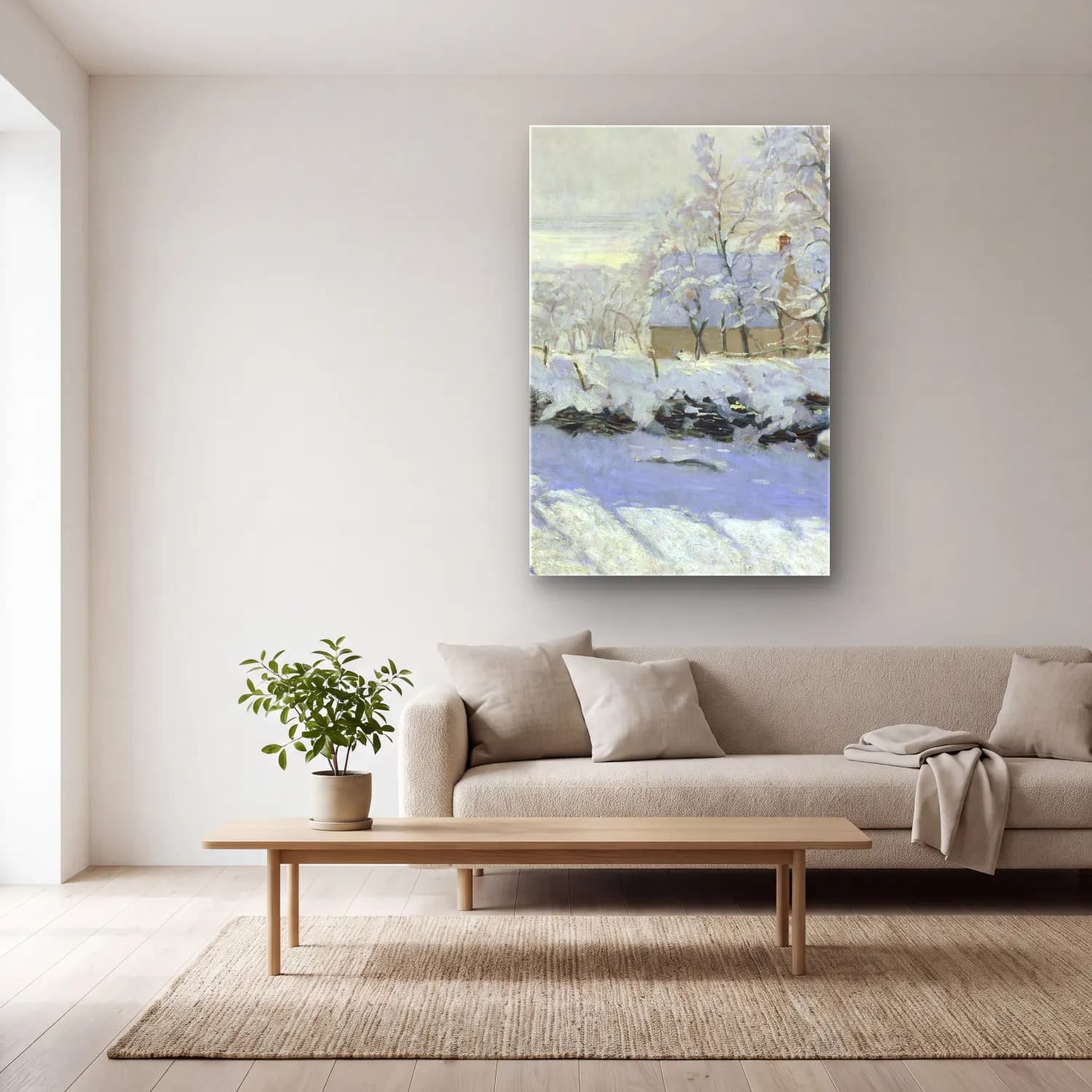 Claude Monet – The Magpie – Bej Tonlar cam tablo — açık renk salonda