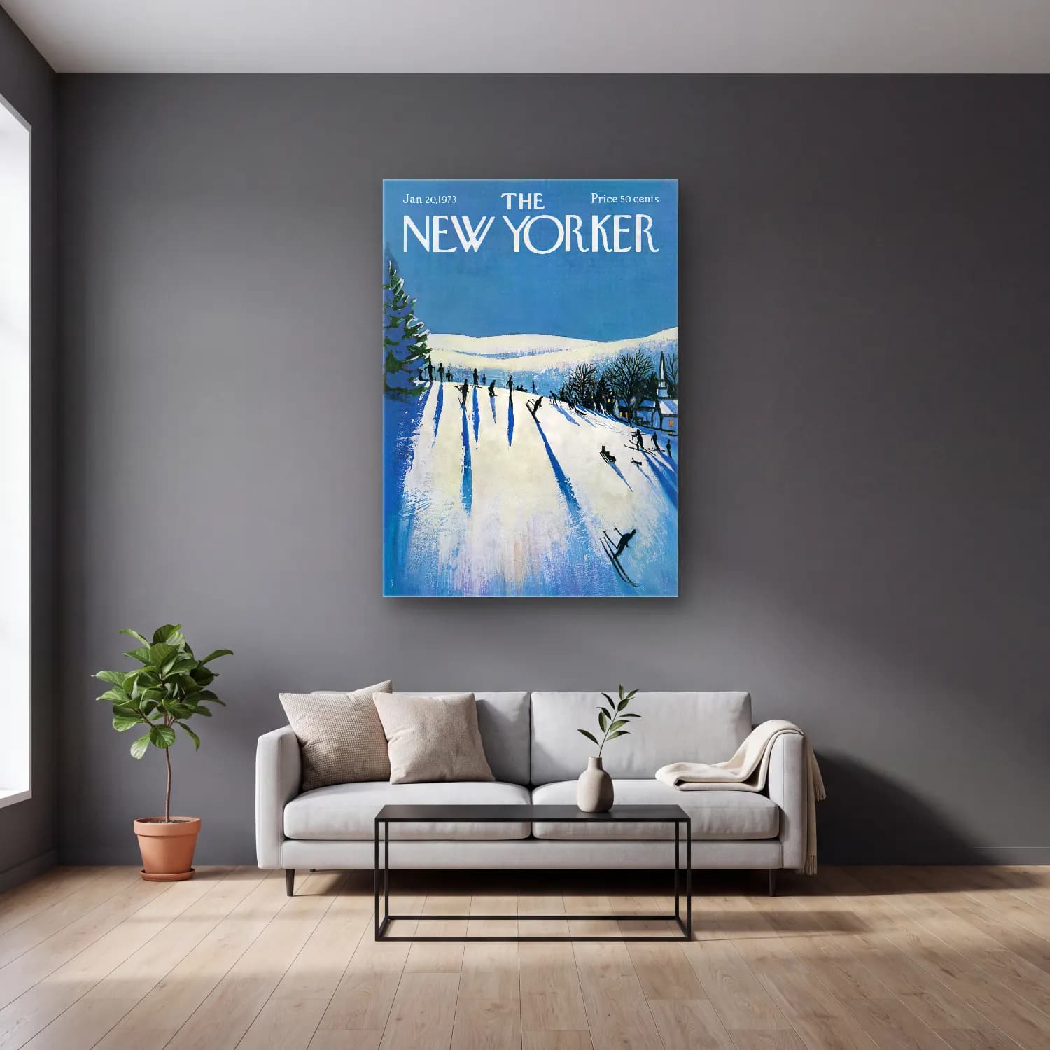 Vintage Poster Kayak – Mavi Tonlar cam tablo — gri duvarlı salonda