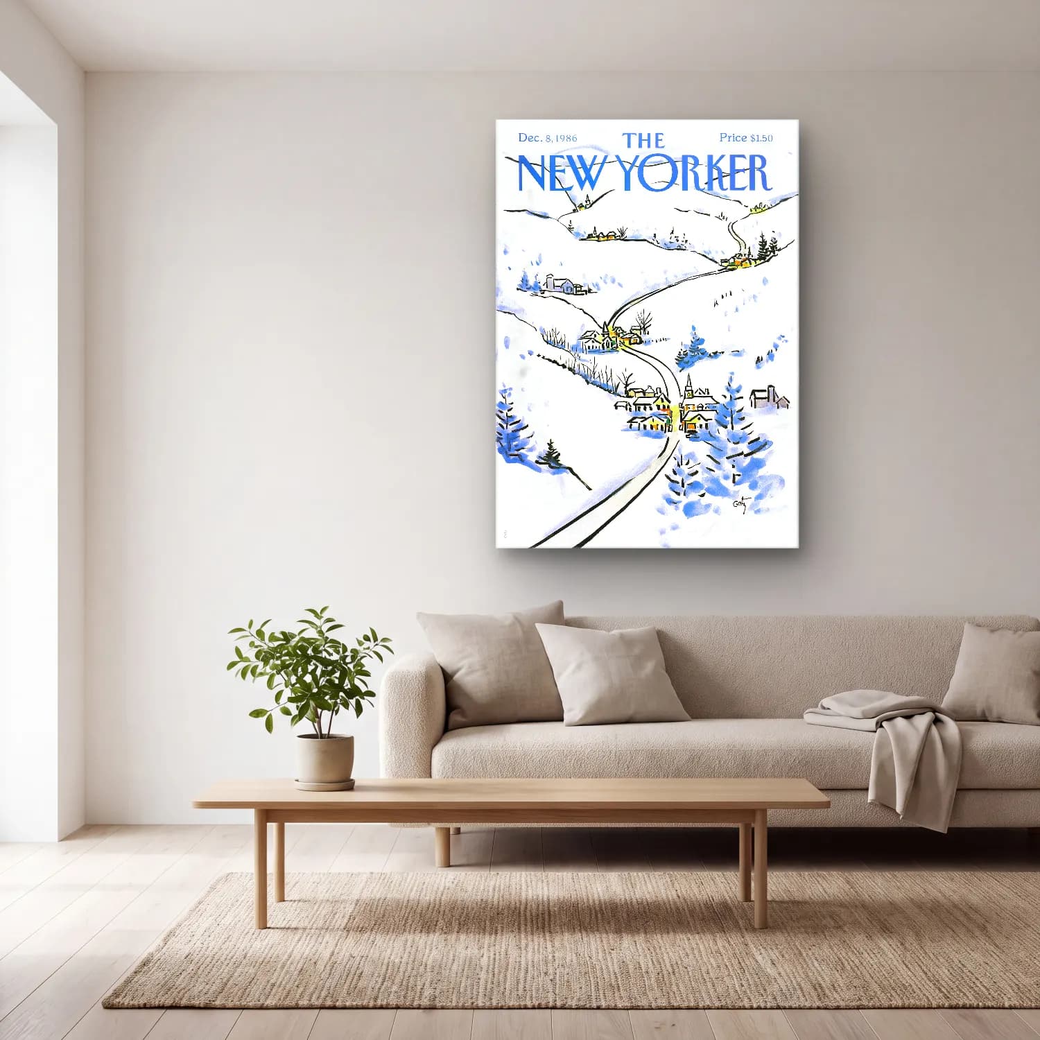 Vintage Poster Karlı Kış Manzarası cam tablo — açık renk salonda