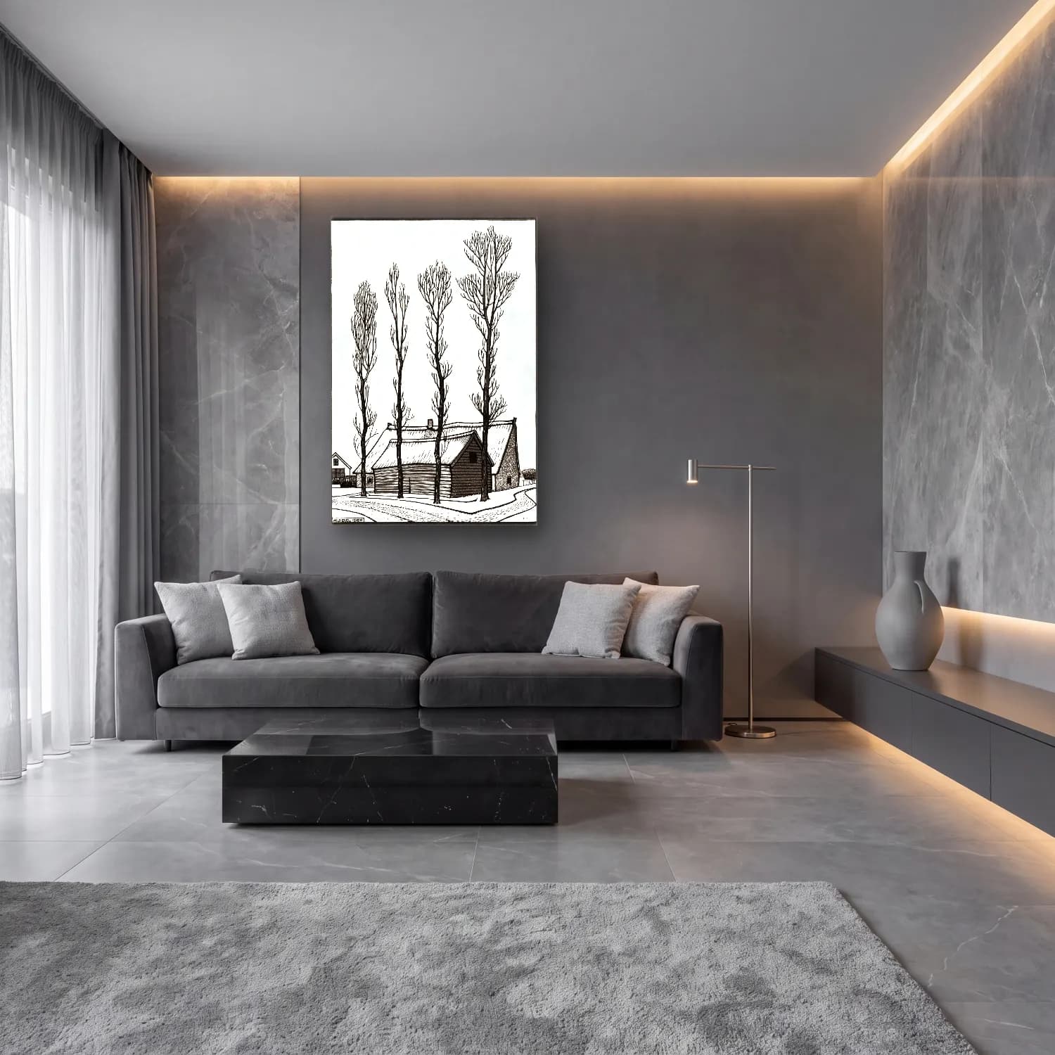 Siyah Beyaz Kır Evi cam tablo — lüks salon duvarında