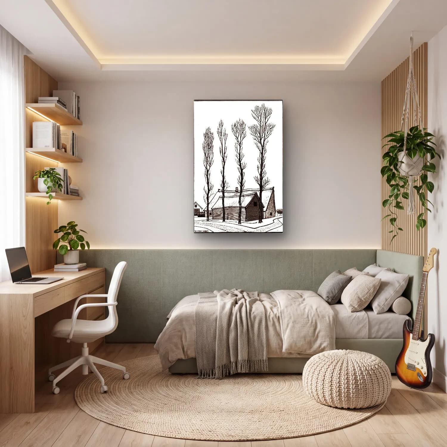 Siyah Beyaz Kır Evi cam tablo — genç odasında
