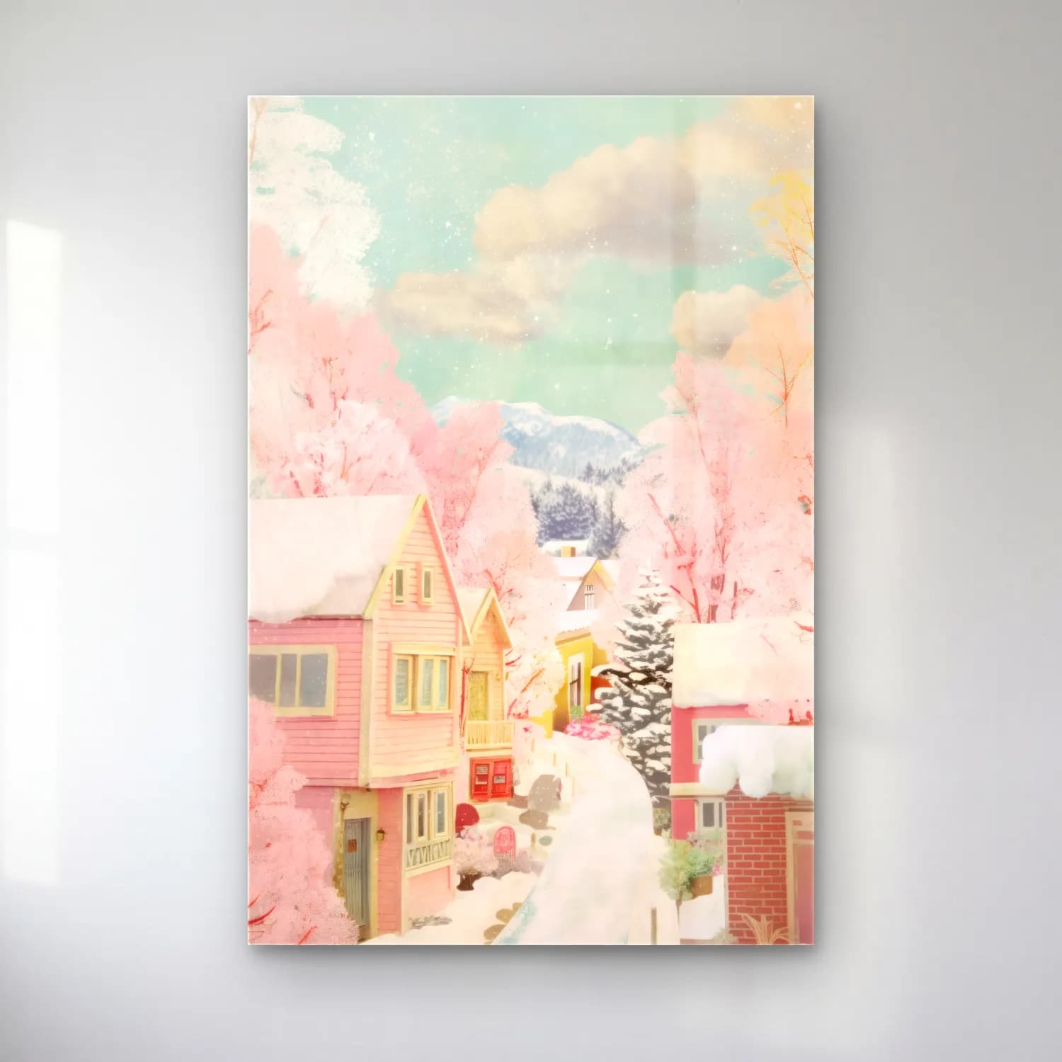 Pastel Karlı Kış Manzarası – Pembe Tonlar cam tablo — Pastel Karlı Kış Manzarası – Pembe Tonlar — pastel karlı kış manzarası