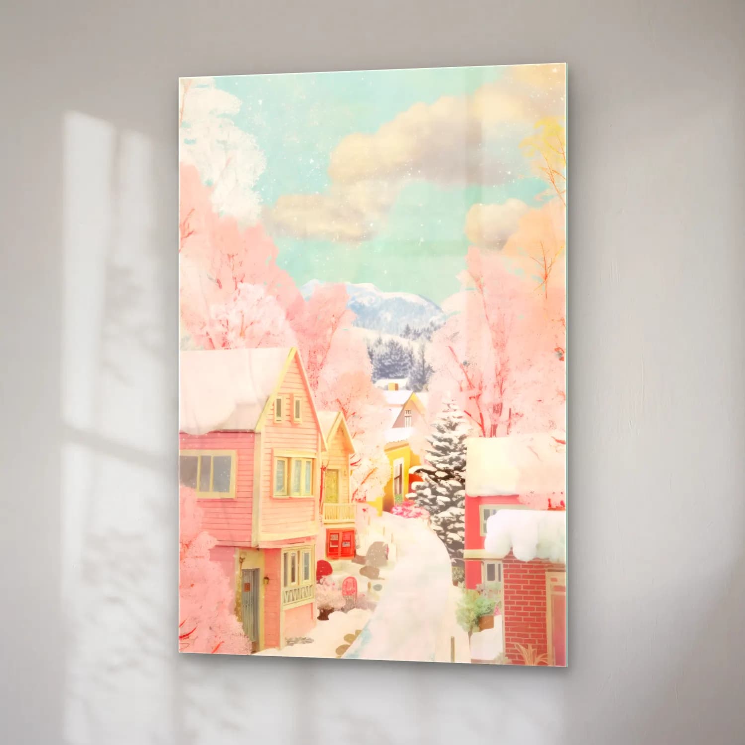 Pastel Karlı Kış Manzarası – Pembe Tonlar cam tablo — sağ açıdan görünüm