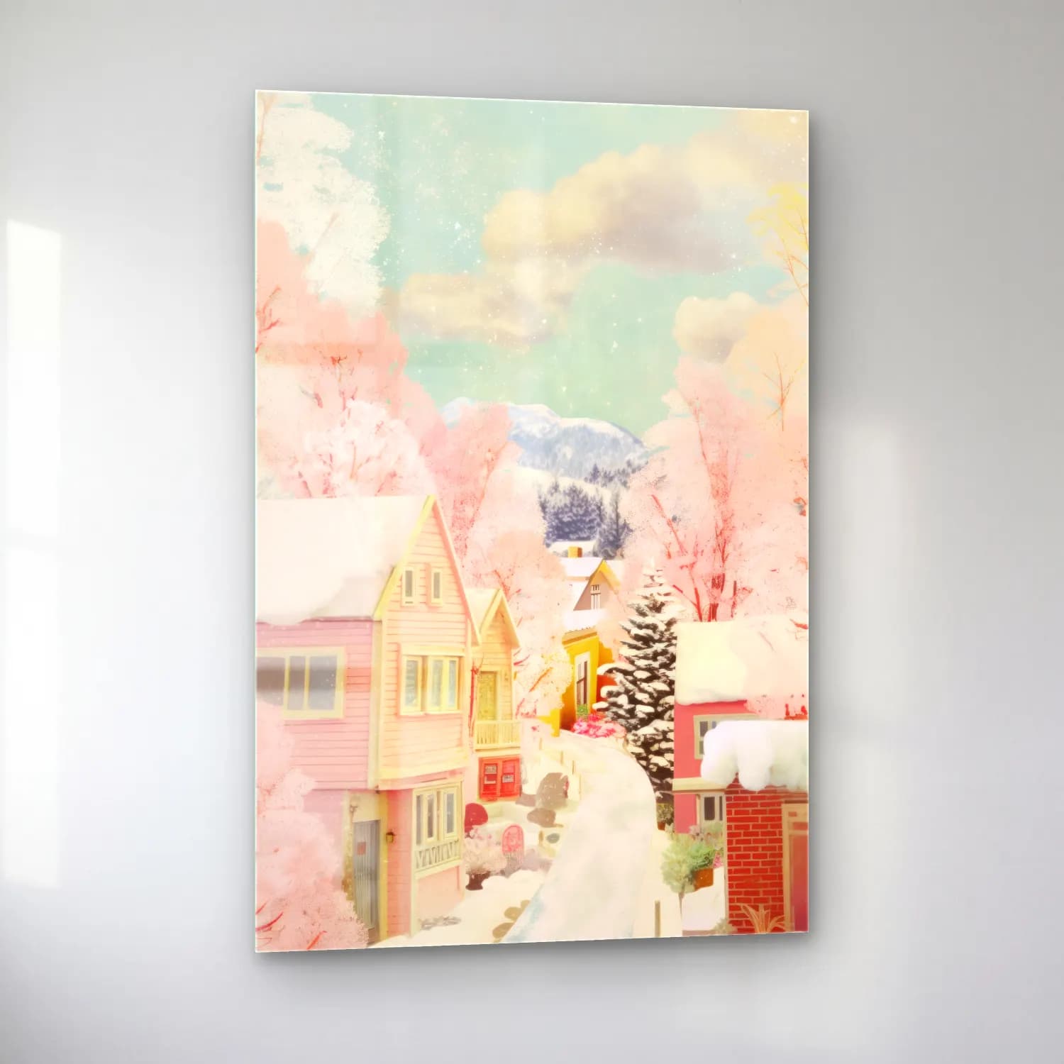 Pastel Karlı Kış Manzarası – Pembe Tonlar cam tablo — sol açıdan görünüm