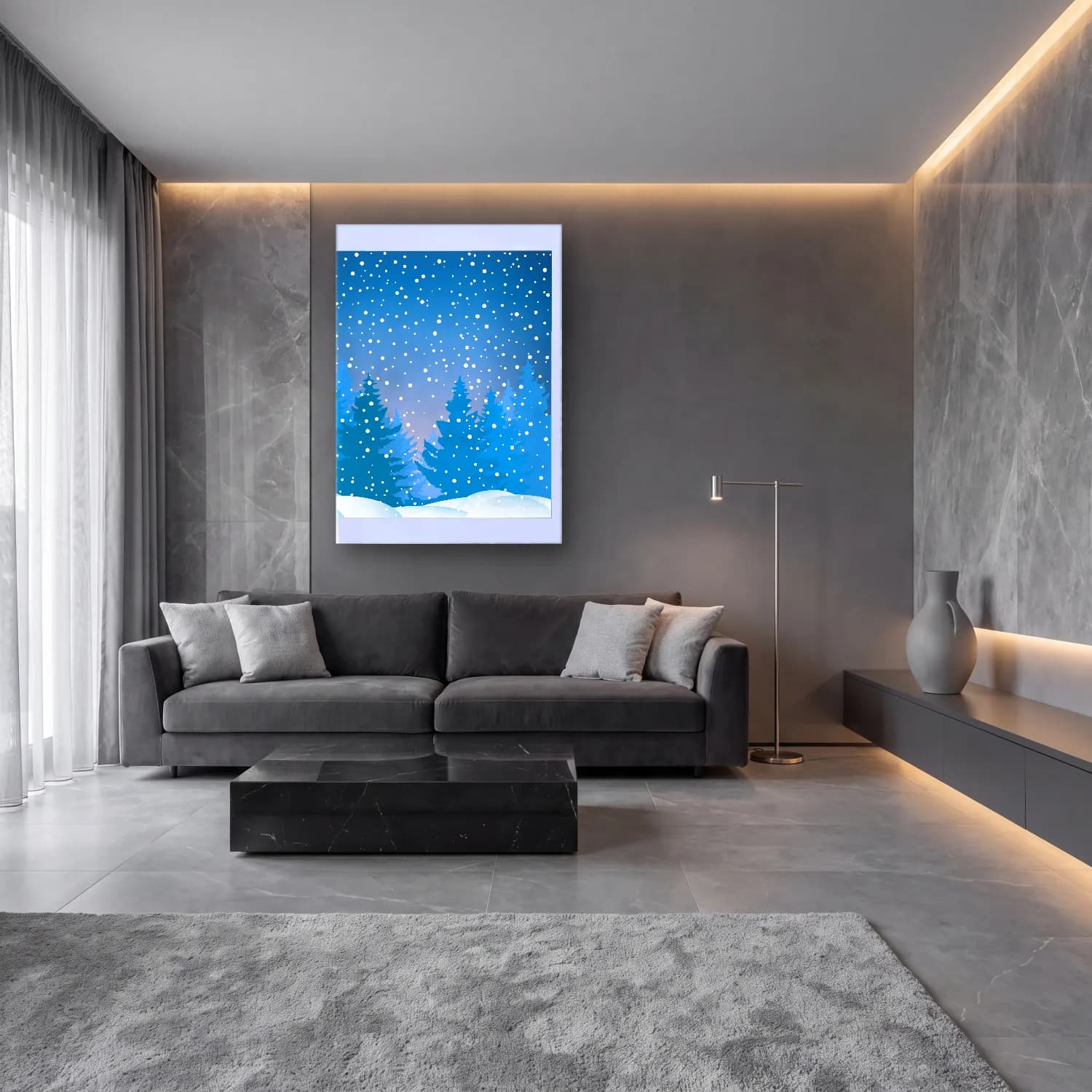 Sevimli İllüstrasyon Karlı Kış Manzarası No. 13 cam tablo — lüks salon duvarında