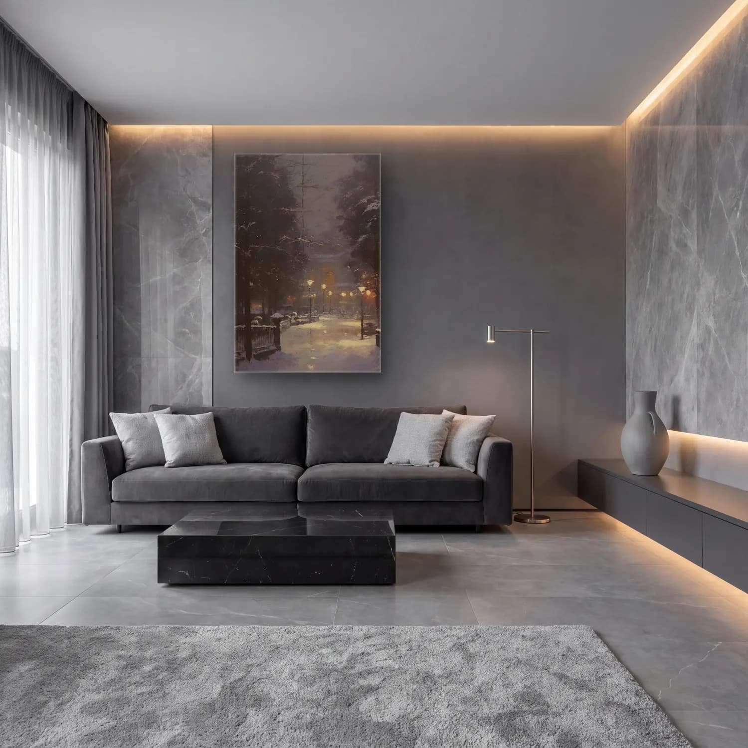 Yağlı Boya Karlı Kış Manzarası No. 70 cam tablo — lüks salon duvarında