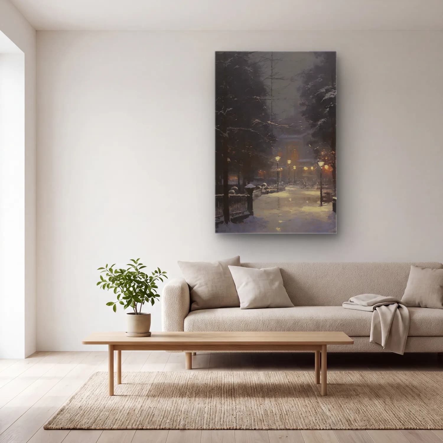 Yağlı Boya Karlı Kış Manzarası No. 70 cam tablo — açık renk salonda