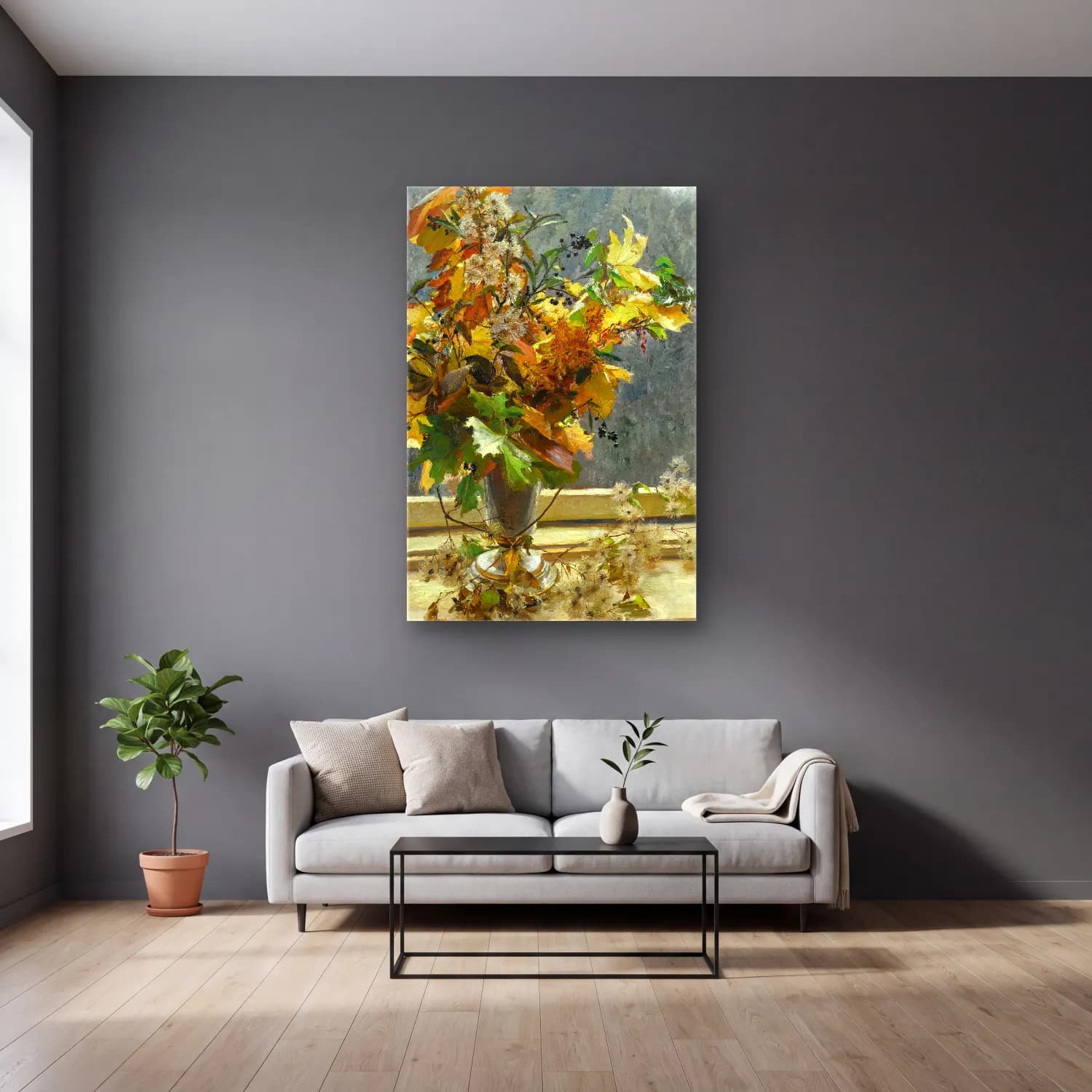 Olga Wisinger-Florian – Herbstlaub (Autumn Leaves) cam tablo — gri duvarlı salonda