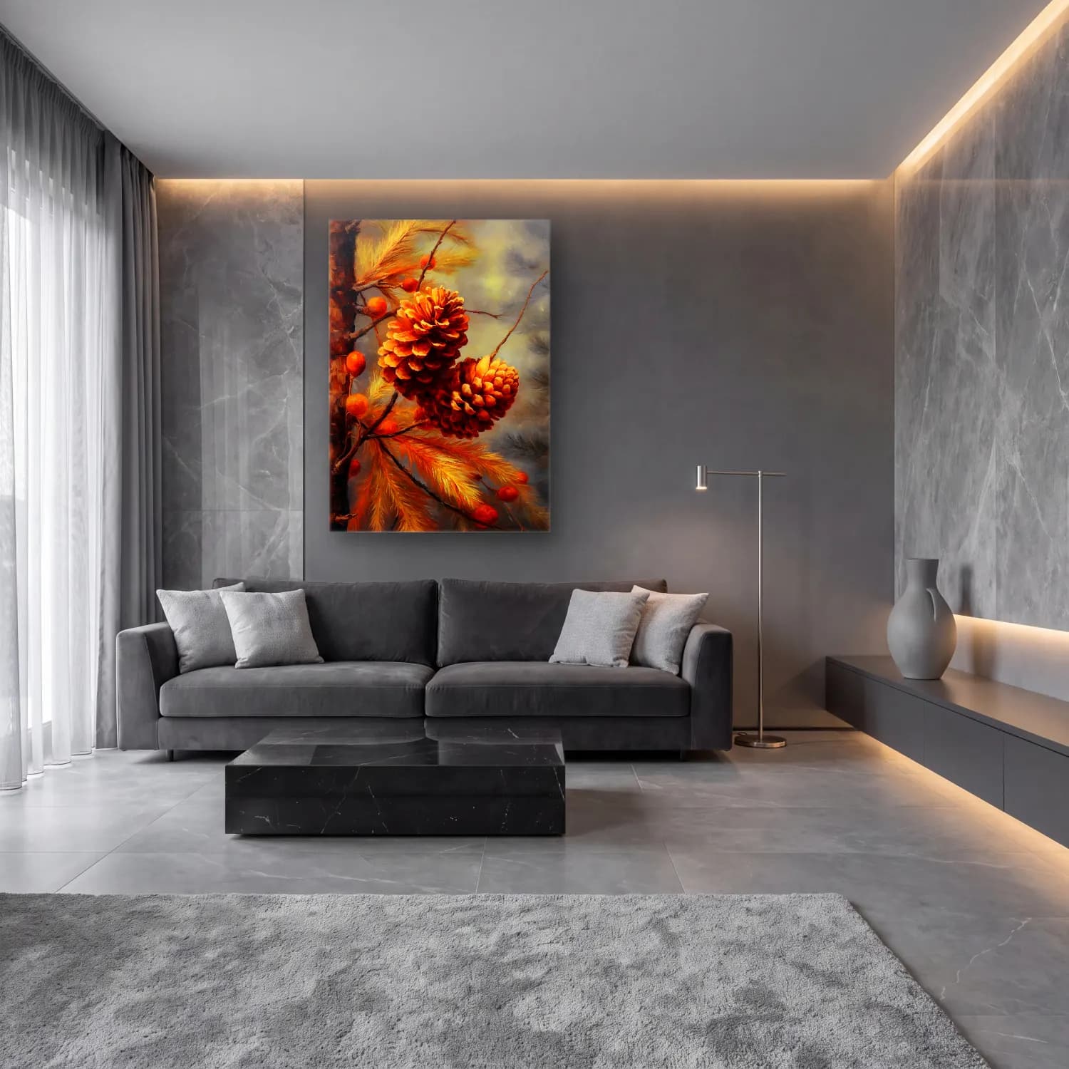 Yağlı Boya Sonbahar Ağaçları cam tablo — lüks salon duvarında