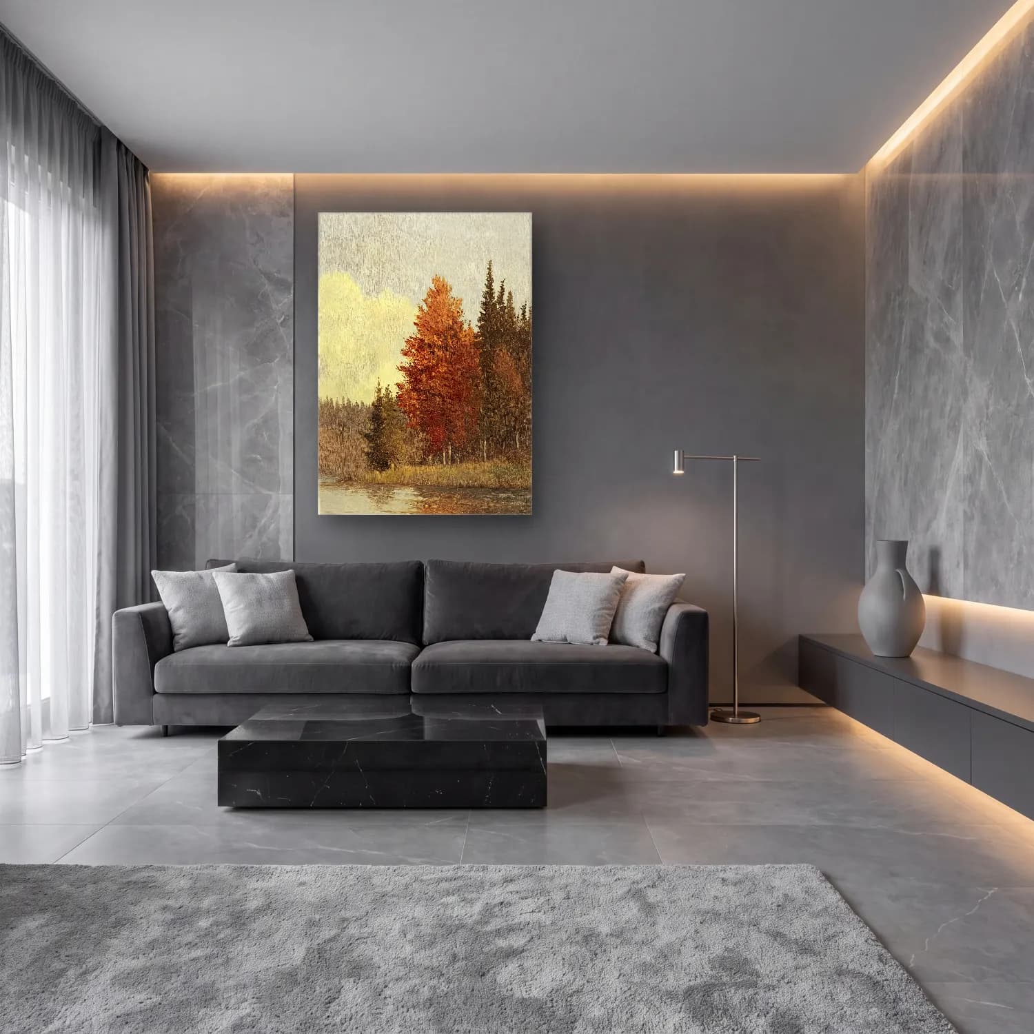 Yağlı Boya Sonbahar Ağaçları No. 6 cam tablo — lüks salon duvarında