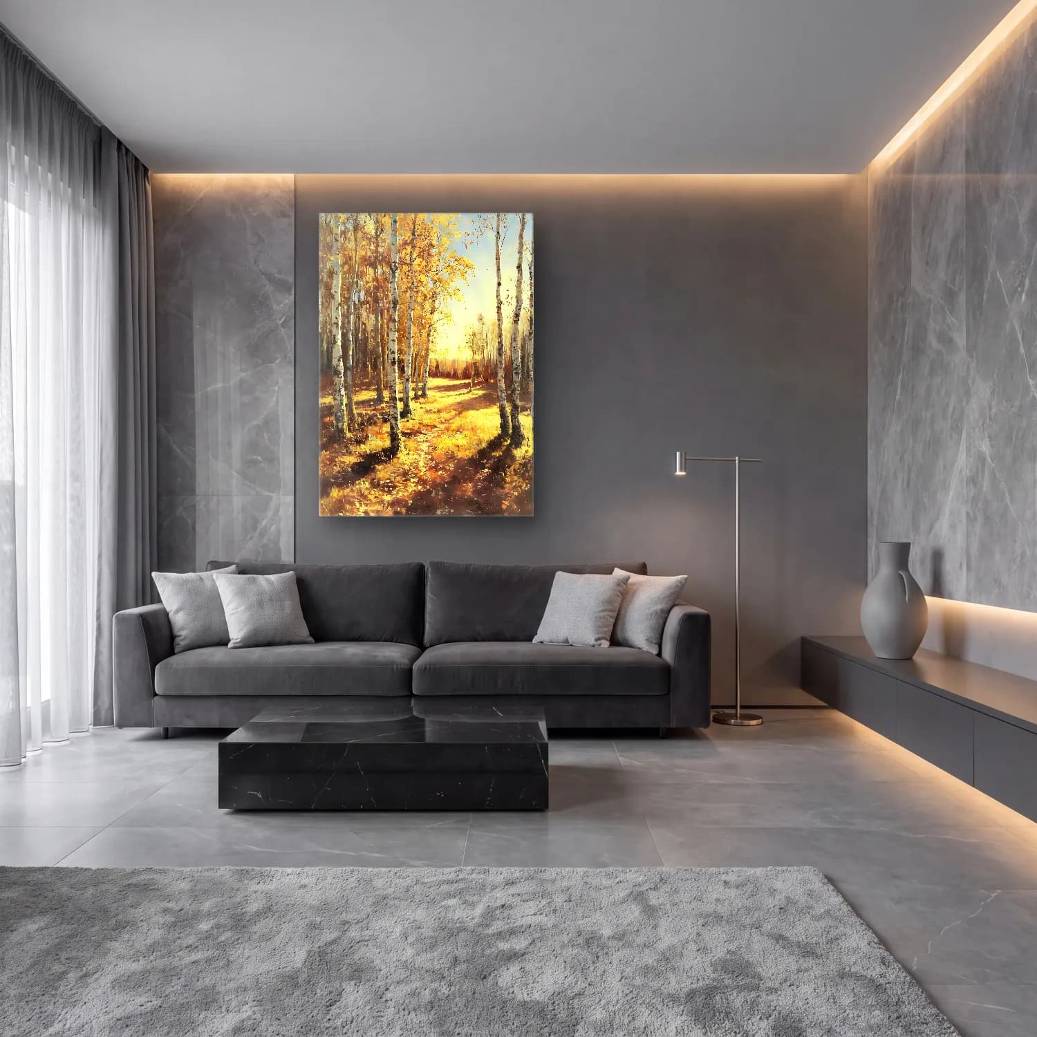 Yağlı Boya Sonbahar Ağaçları – Sarı Tonlar cam tablo — lüks salon duvarında