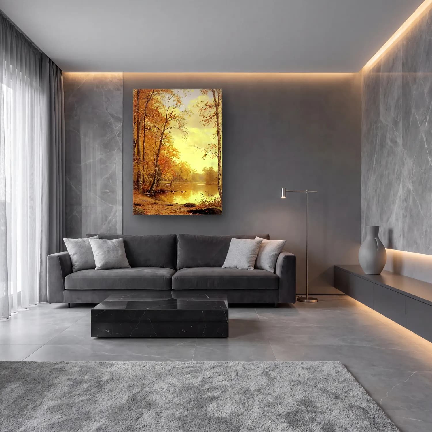Yağlı Boya Kırda Nehir No. 60 cam tablo — lüks salon duvarında