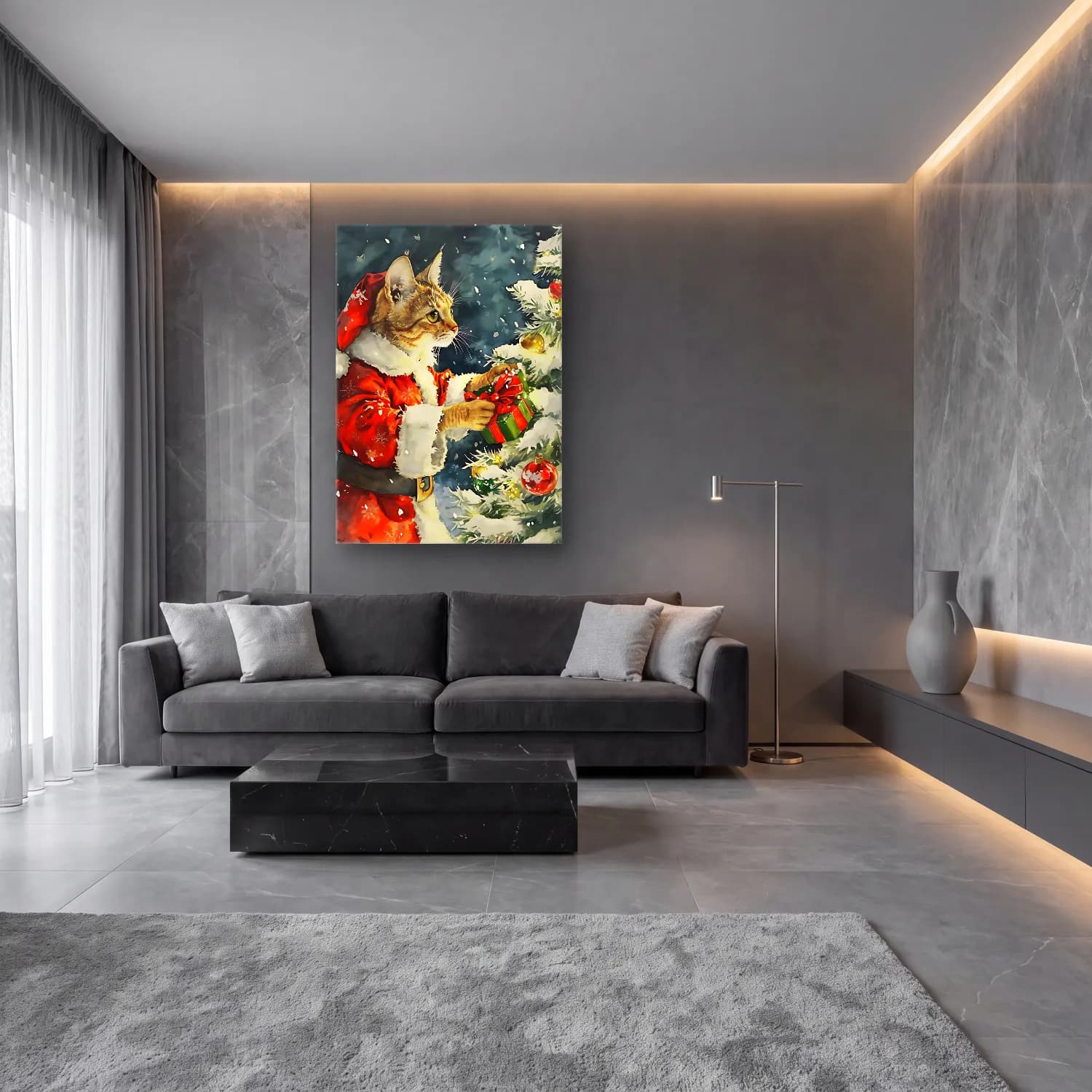 Suluboya Noel Baba cam tablo — lüks salon duvarında