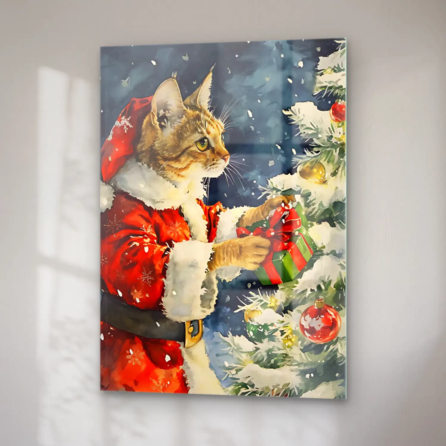 Suluboya Noel Baba cam tablo — sağ açıdan görünüm