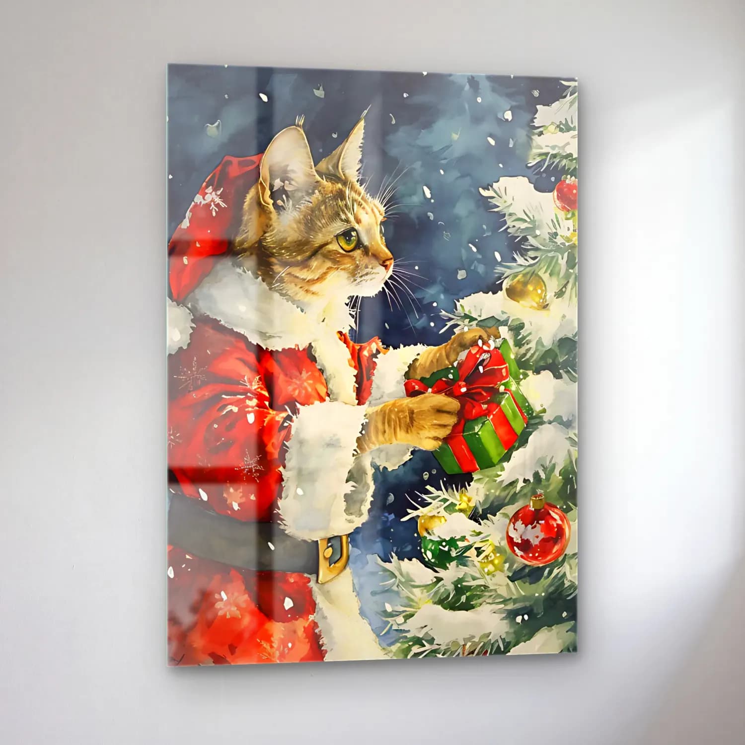Suluboya Noel Baba cam tablo — sol açıdan görünüm