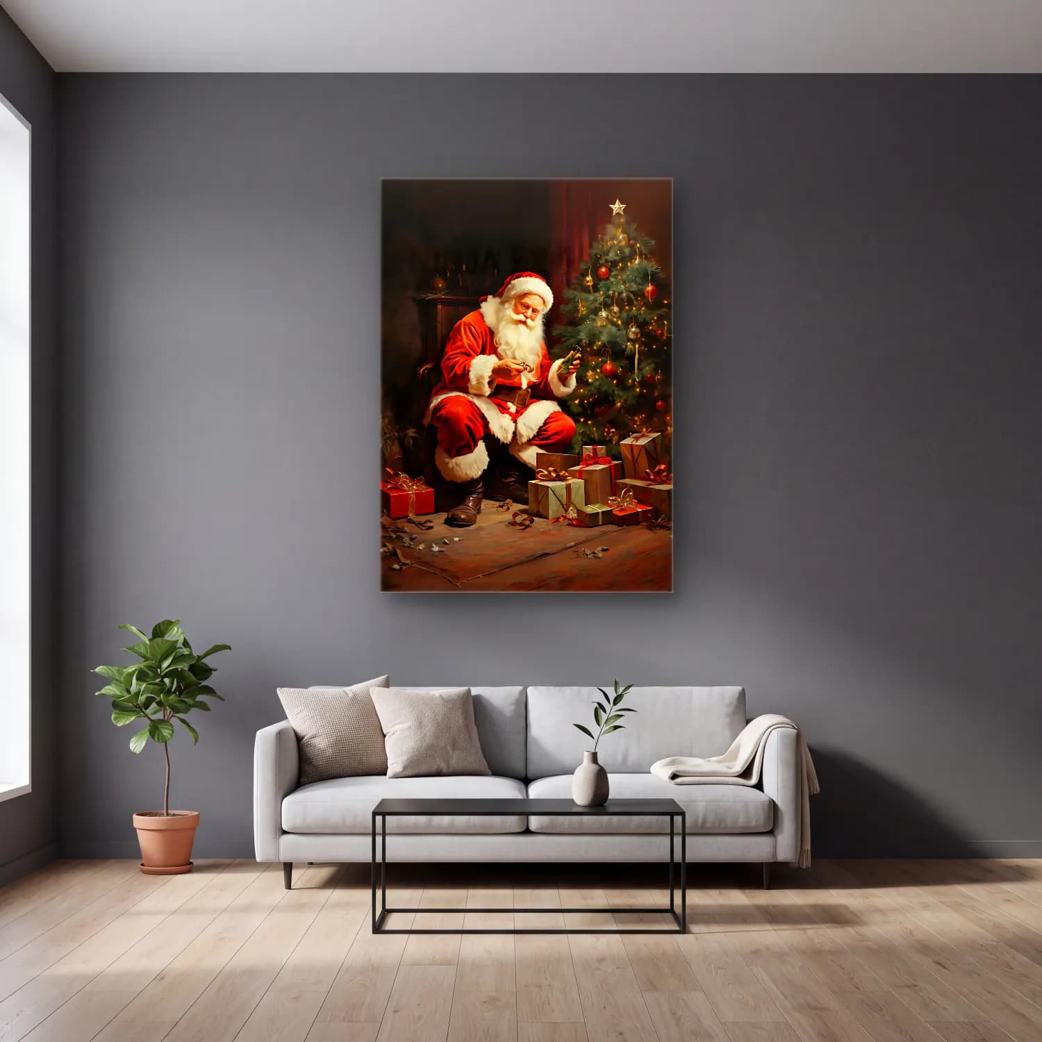 Yağlı Boya Noel Baba cam tablo — gri duvarlı salonda