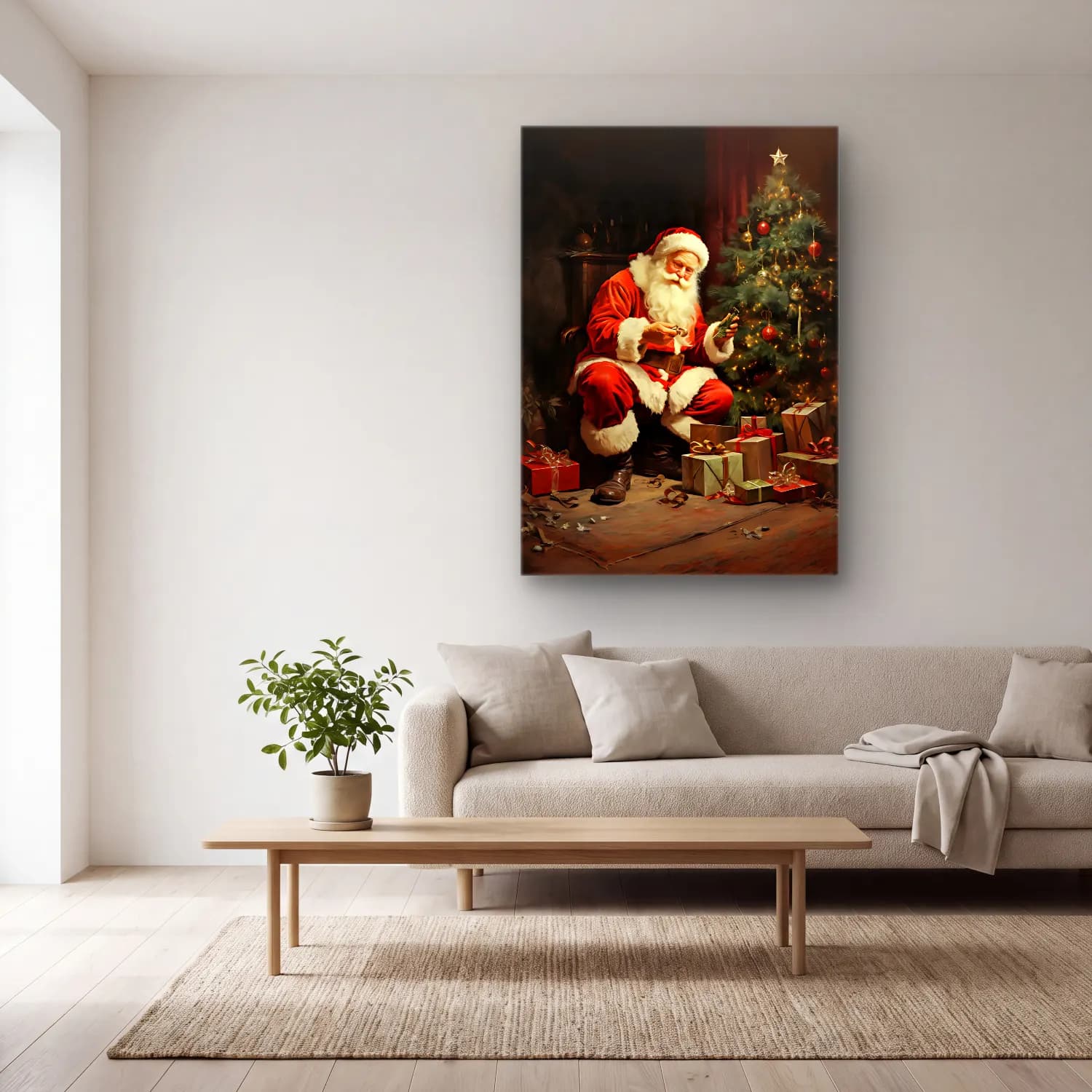 Yağlı Boya Noel Baba cam tablo — açık renk salonda