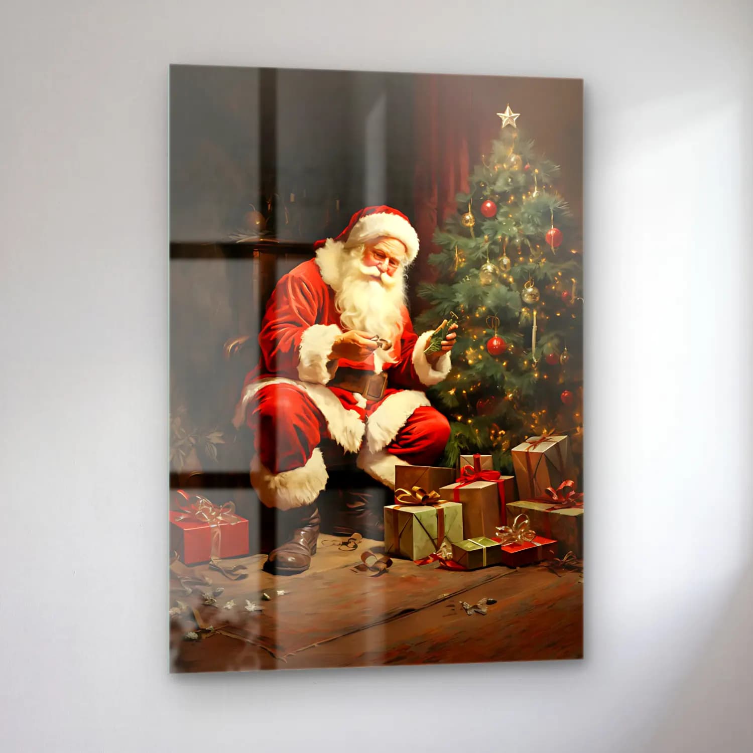 Yağlı Boya Noel Baba cam tablo — sol açıdan görünüm