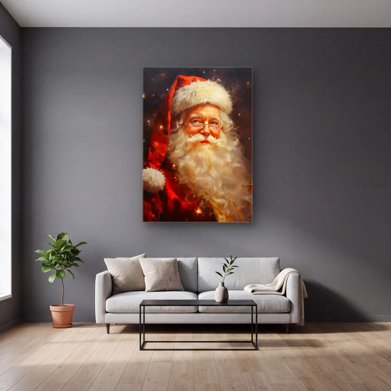 Yağlı Boya Noel Baba No. 4 cam tablo — gri duvarlı salonda