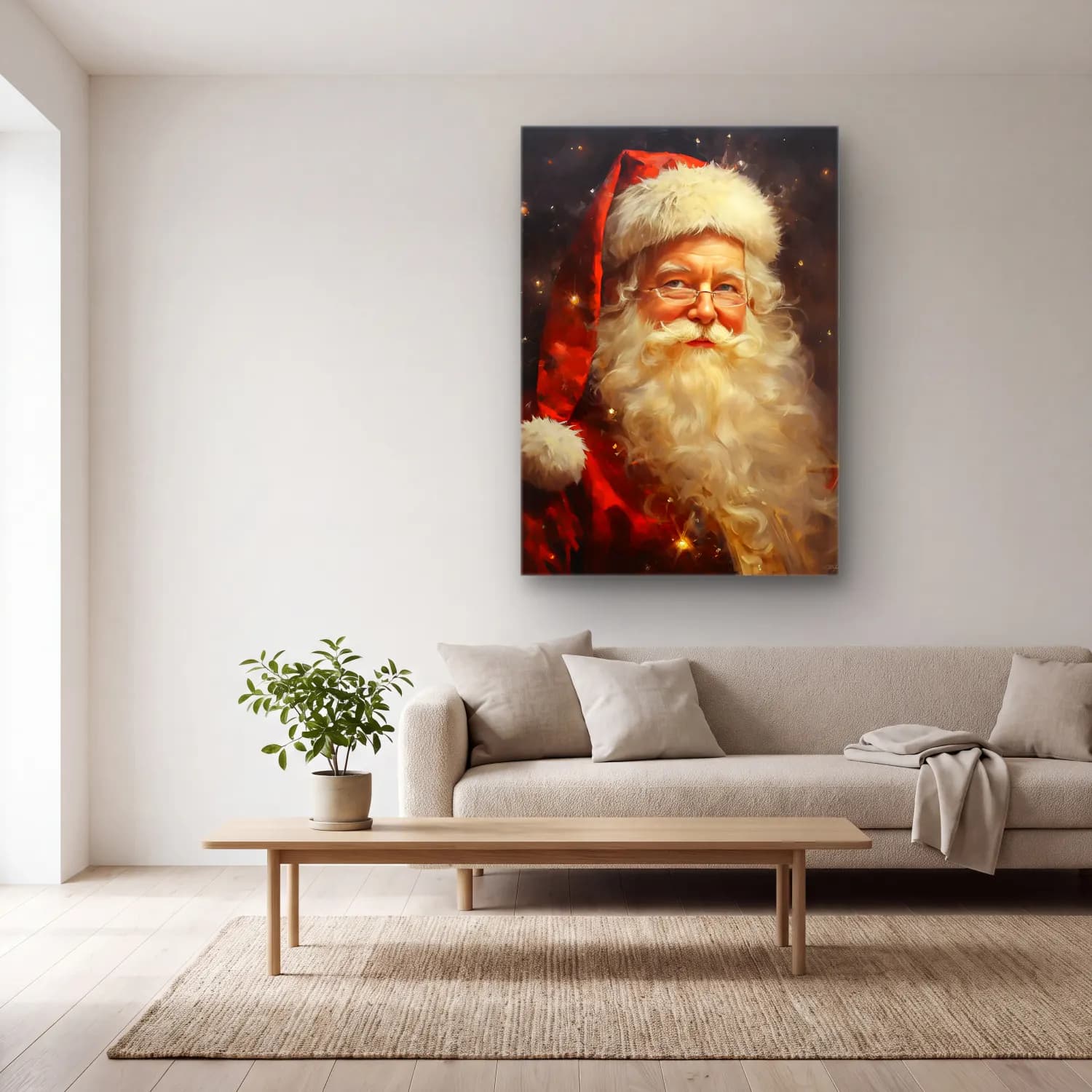 Yağlı Boya Noel Baba No. 4 cam tablo — açık renk salonda