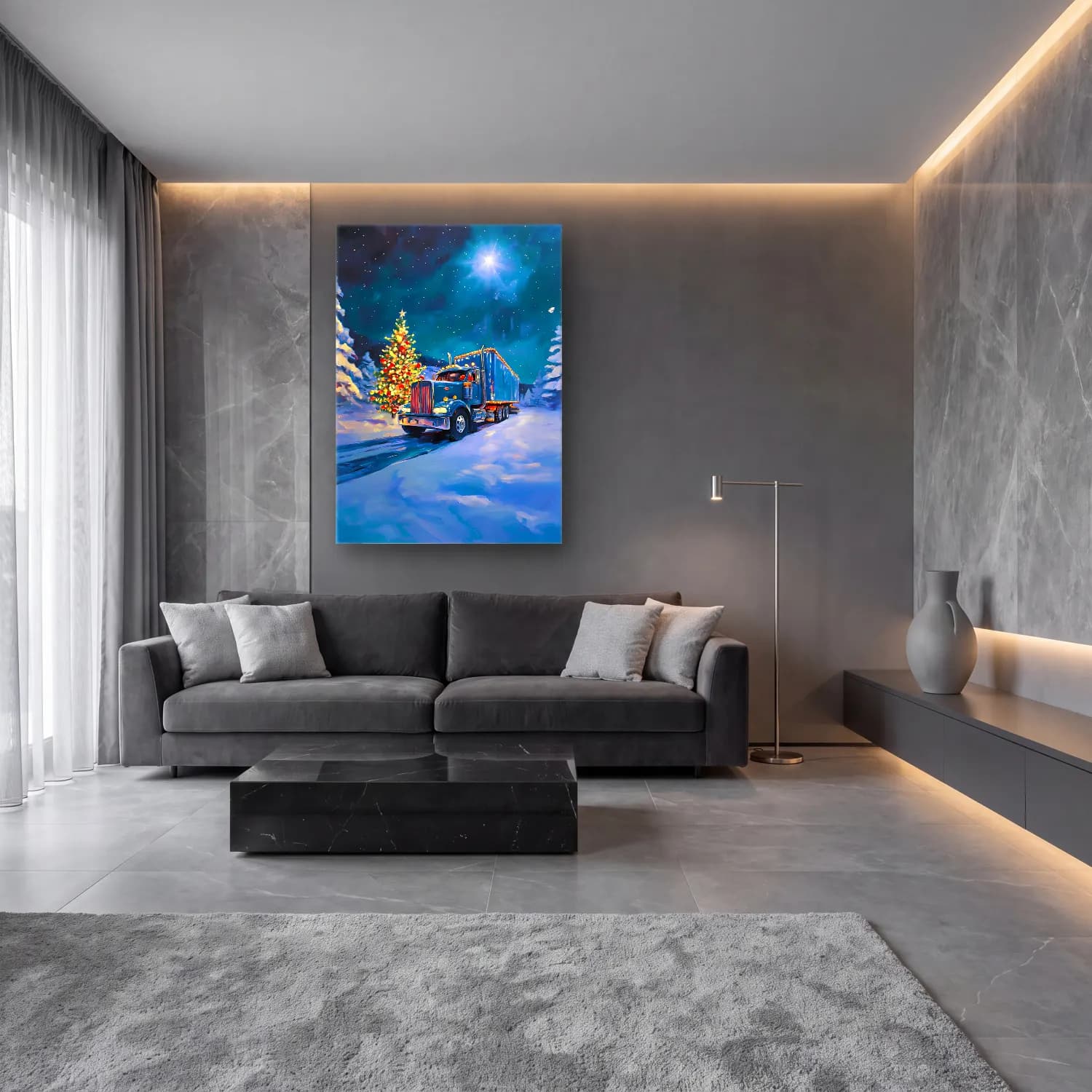 Yağlı Boya Yılbaşı Ağacı – Mavi Tonlar cam tablo — lüks salon duvarında