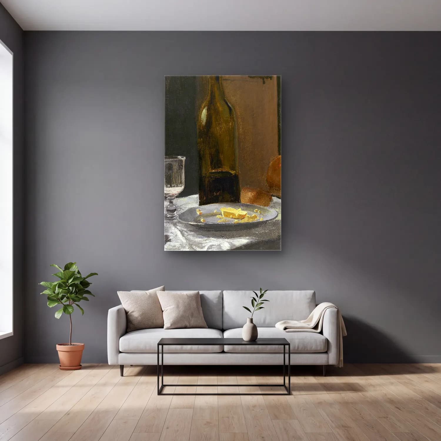 Claude Monet – Still Life with Bottle,Carafe Bread and Wine cam tablo — gri duvarlı salonda