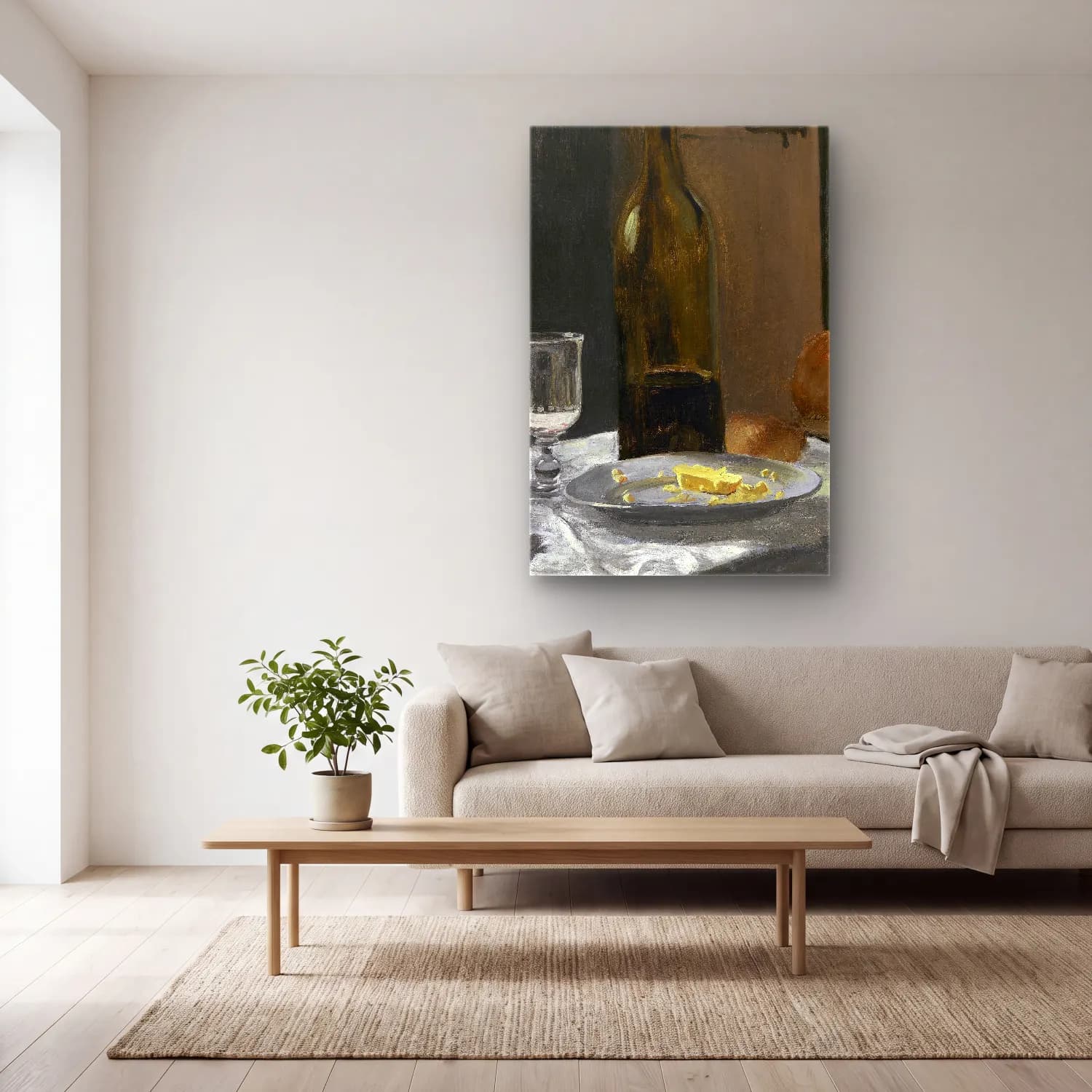 Claude Monet – Still Life with Bottle,Carafe Bread and Wine cam tablo — açık renk salonda