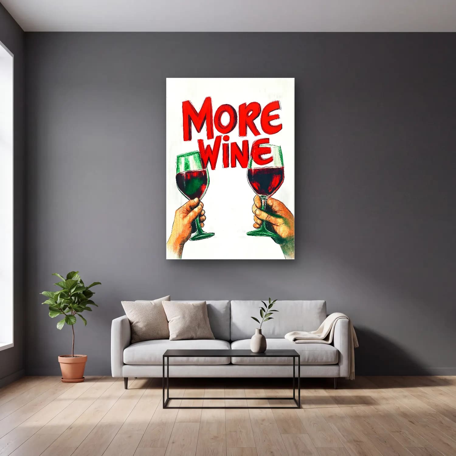 Vintage Poster Kadeh Şarap cam tablo — gri duvarlı salonda