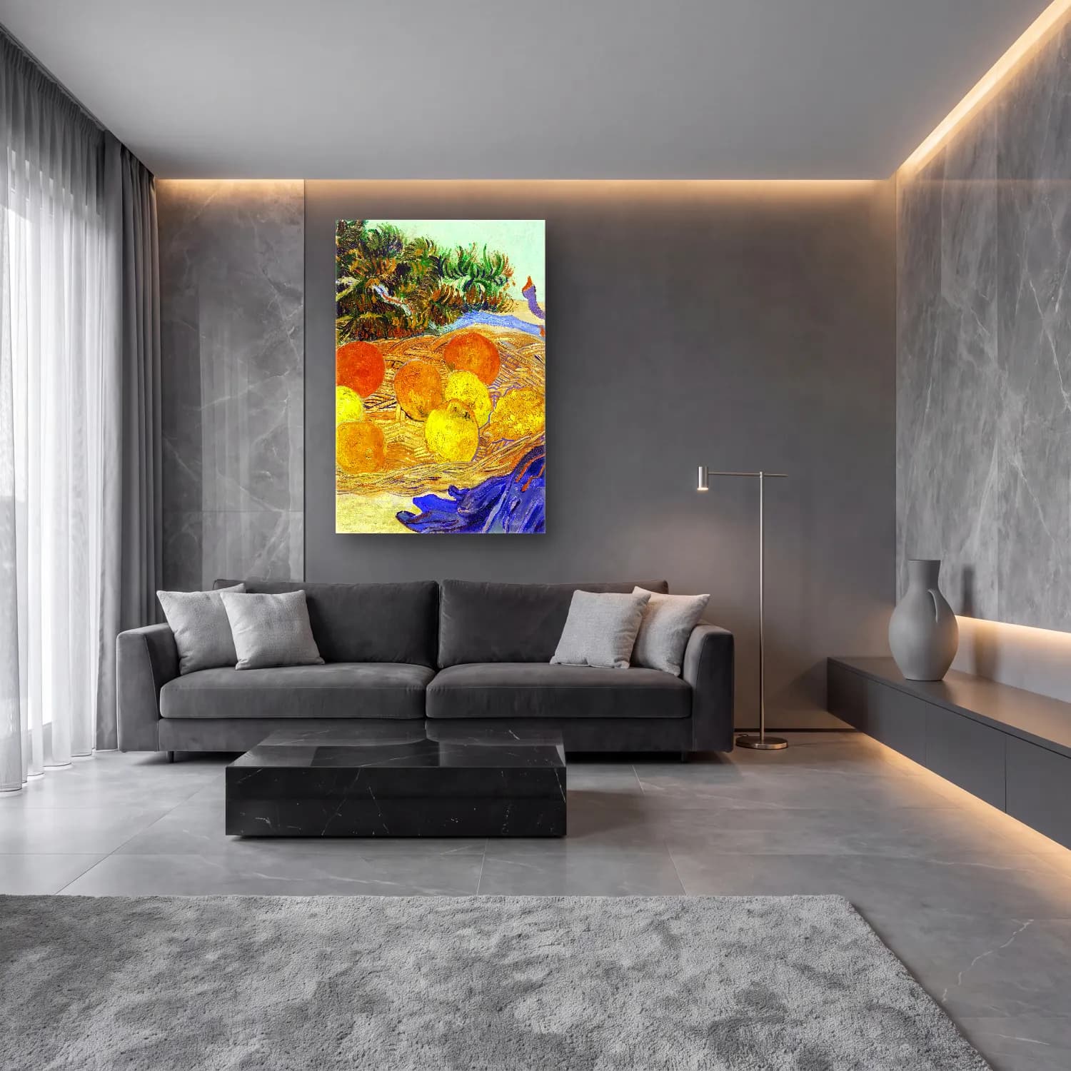 Vincent van Gogh – Still Life of Oranges and Lemons with Blue Gloves cam tablo — lüks salon duvarında