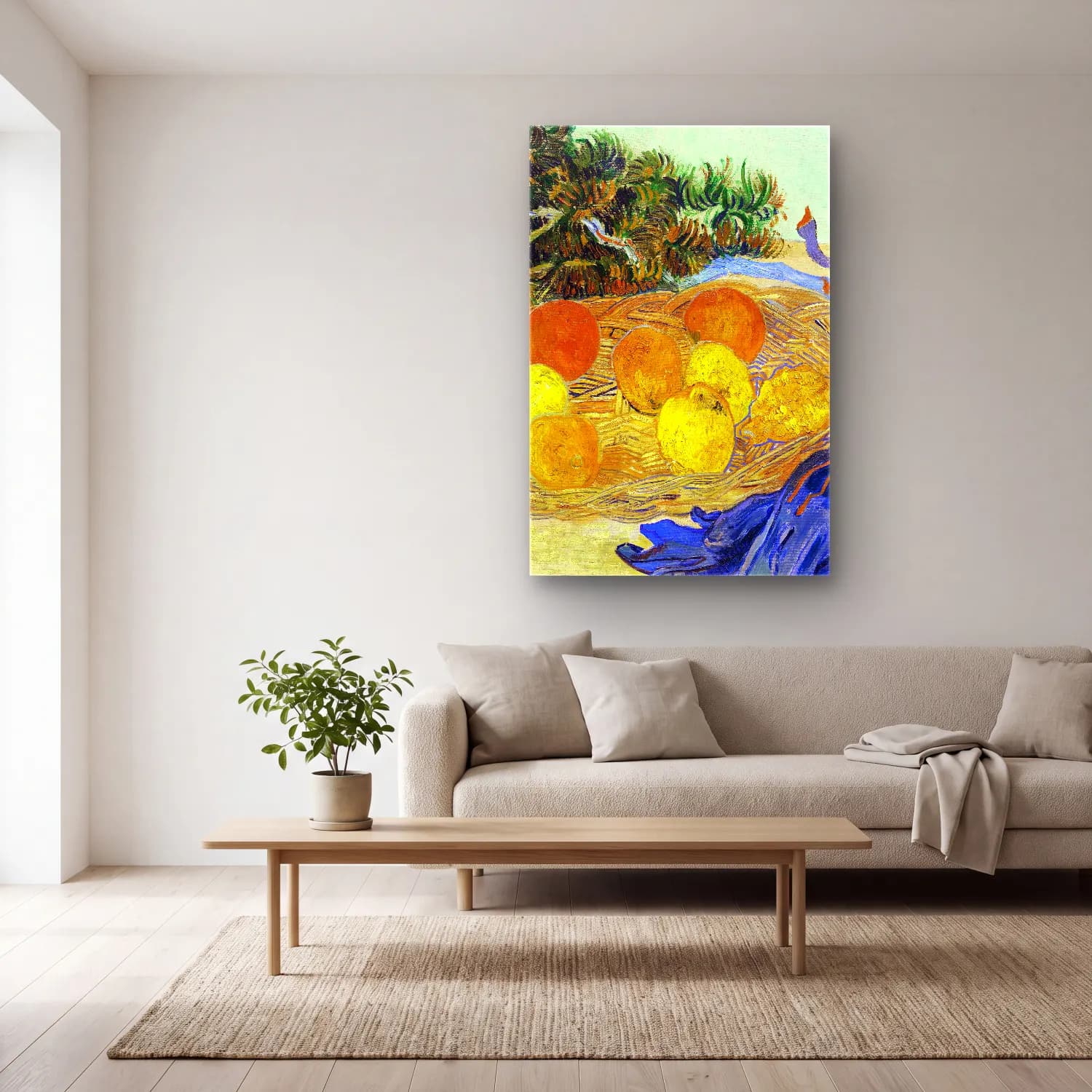 Vincent van Gogh – Still Life of Oranges and Lemons with Blue Gloves cam tablo — açık renk salonda