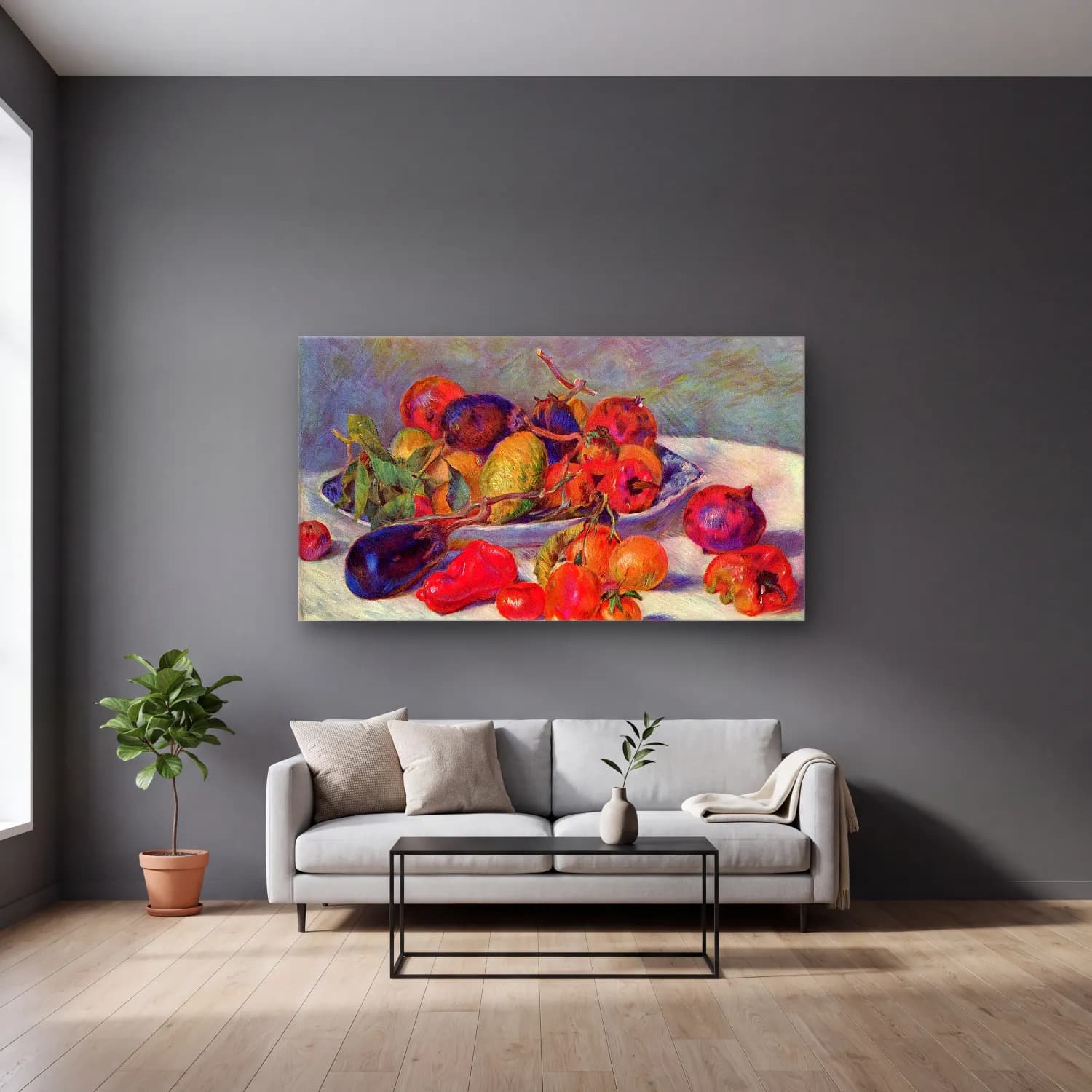 Pierre-Auguste Renoir – Still life with fruit cam tablo — gri duvarlı salonda
