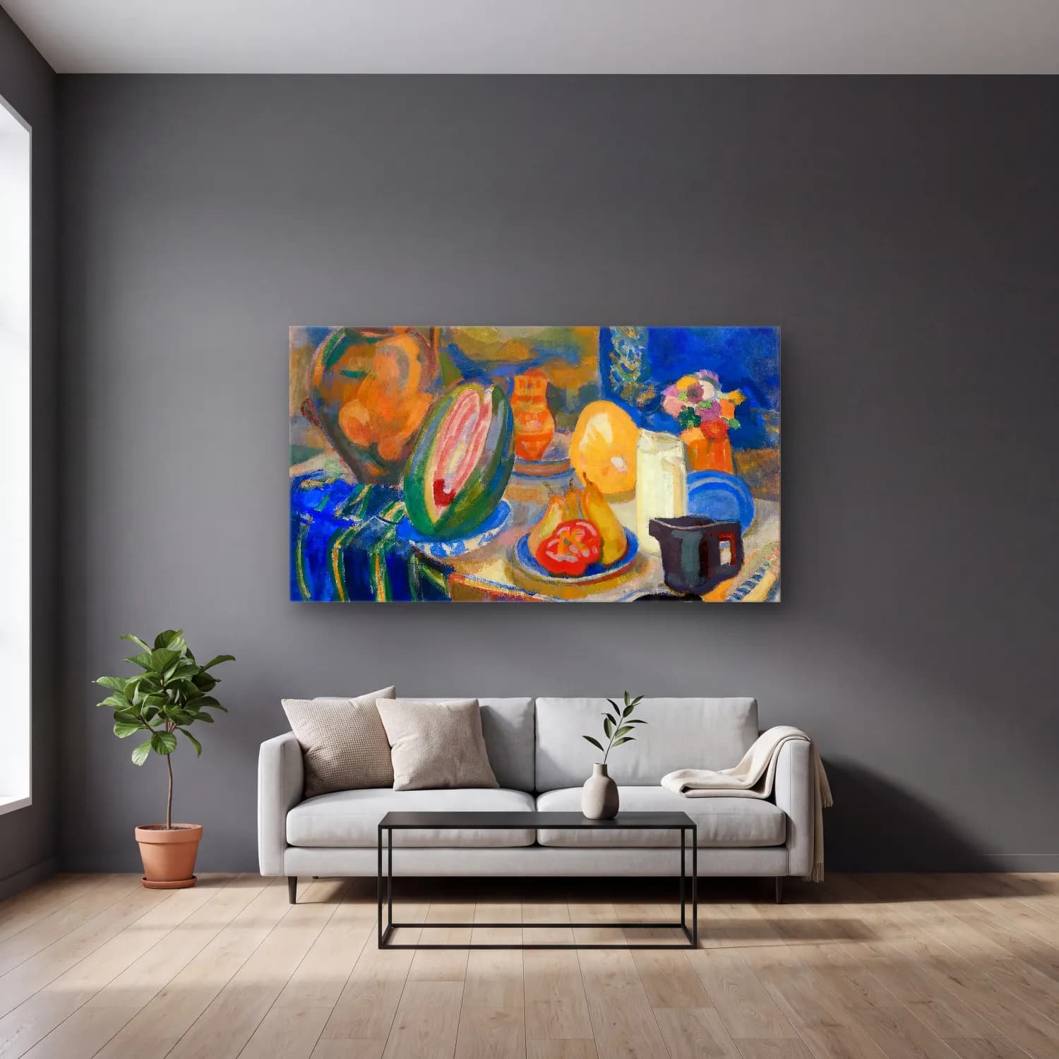 Robert Delaunay – Nature morte portugaise cam tablo — gri duvarlı salonda