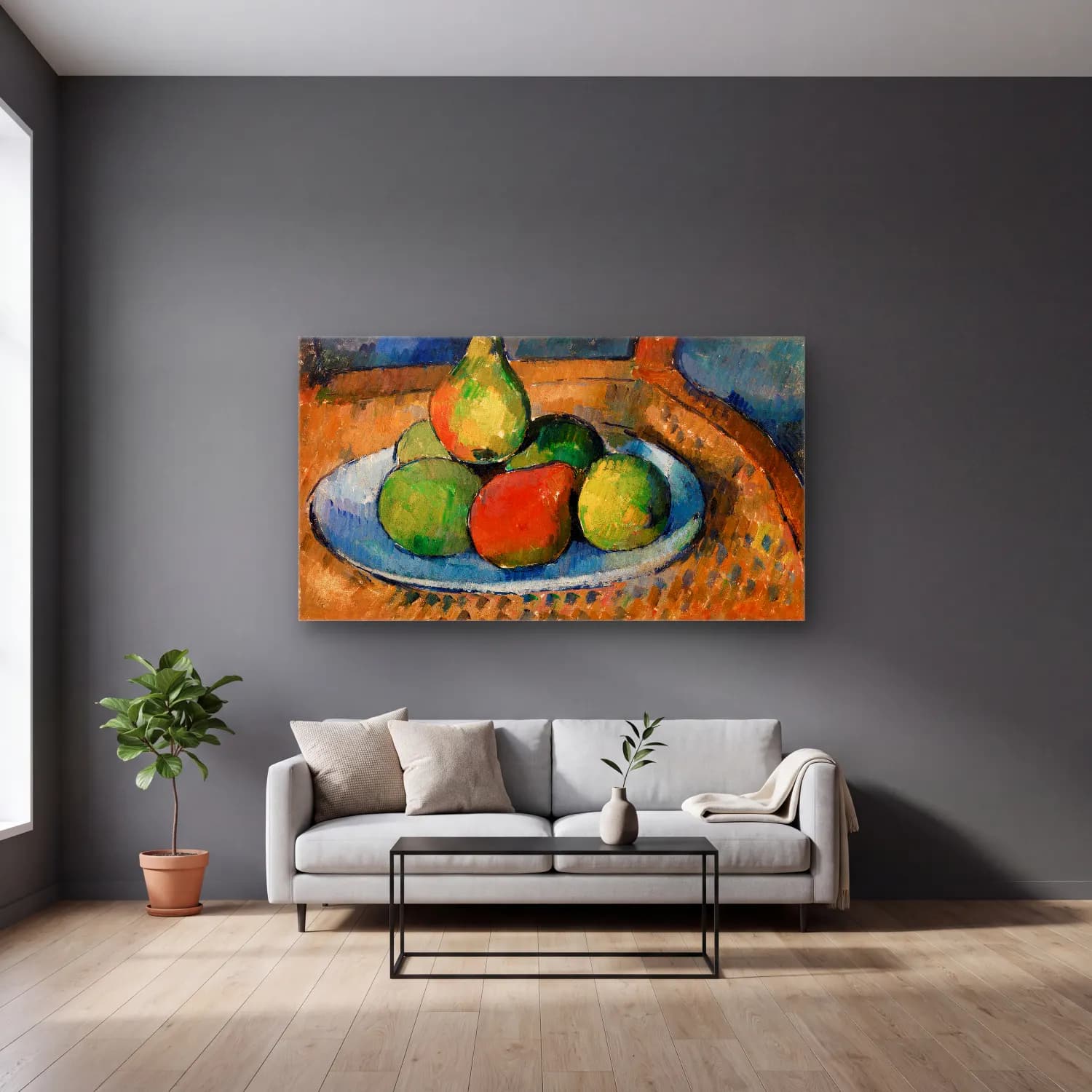 Paul Cézanne – Plate of Fruit on a Chair cam tablo — gri duvarlı salonda