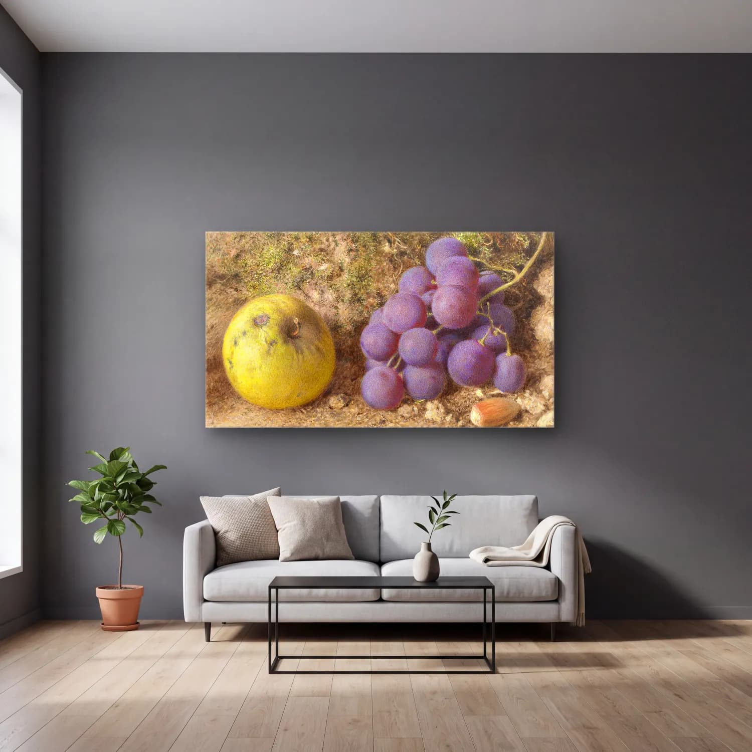 William Henry Hunt – Apple, Grapes and a Cob-Nut cam tablo — gri duvarlı salonda