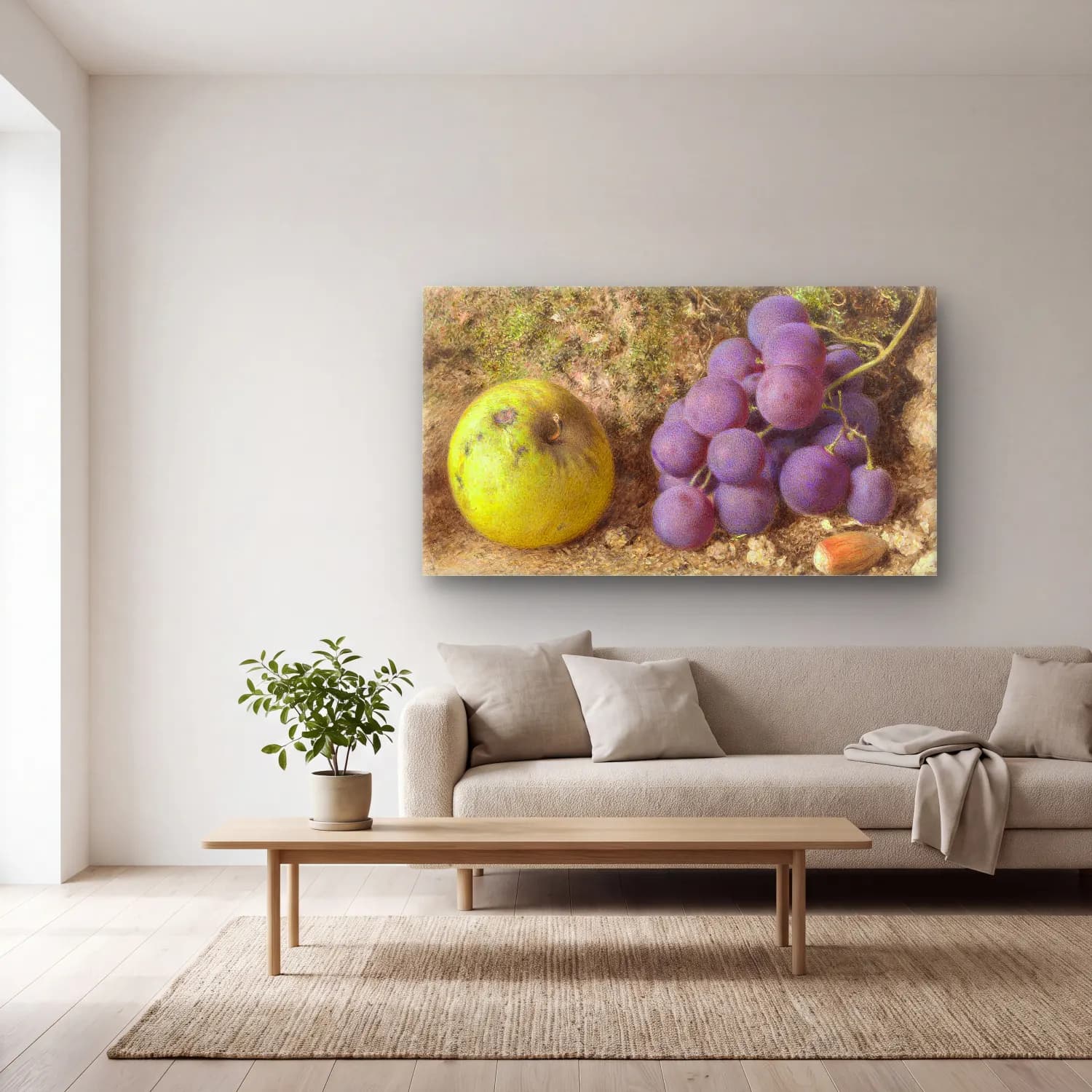 William Henry Hunt – Apple, Grapes and a Cob-Nut cam tablo — açık renk salonda