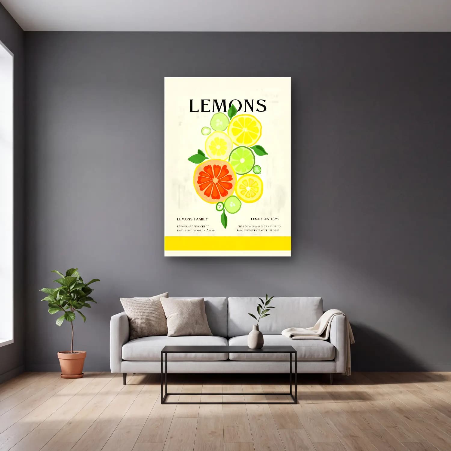 Vintage Poster Limonlar cam tablo — gri duvarlı salonda