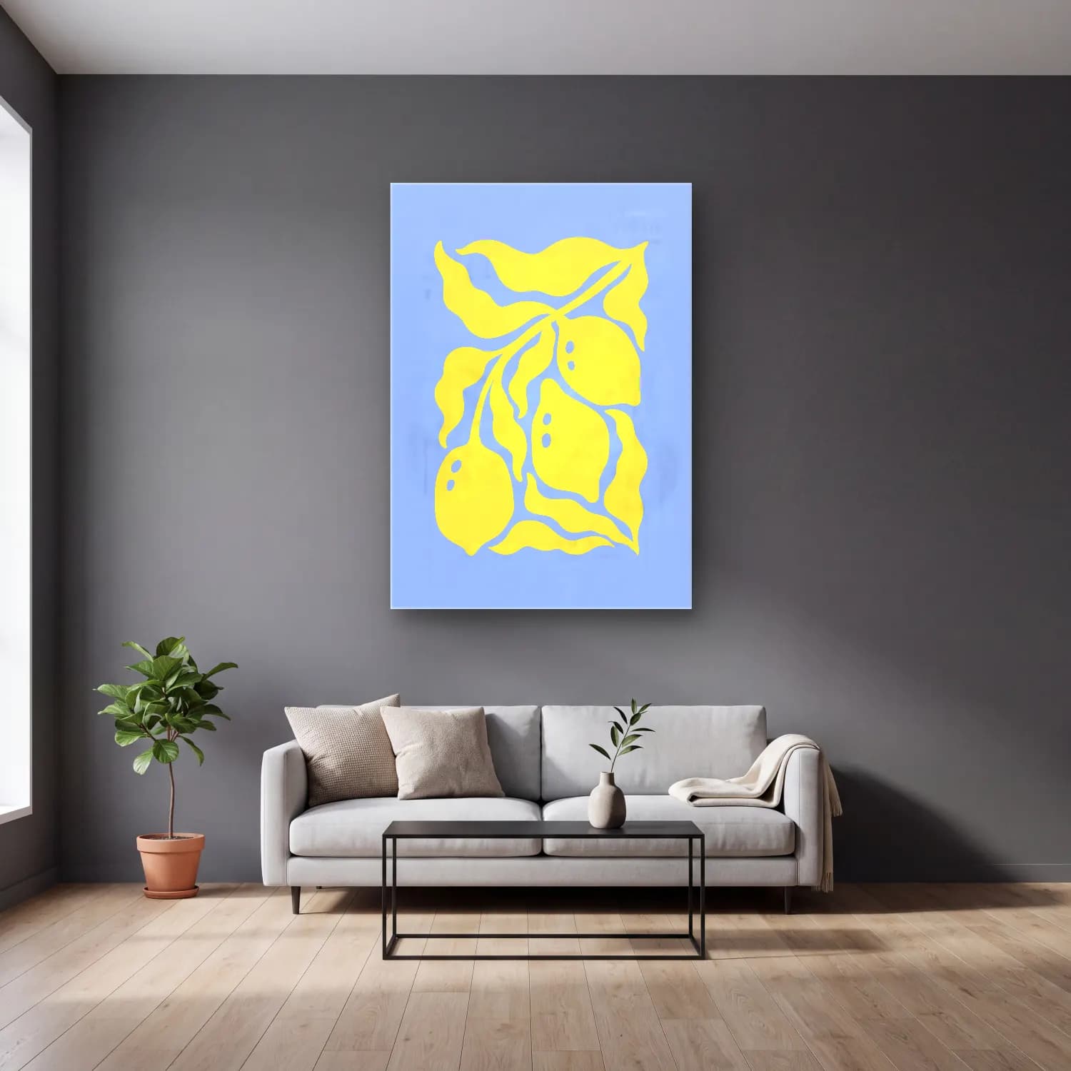 Pastel Limonlar cam tablo — gri duvarlı salonda