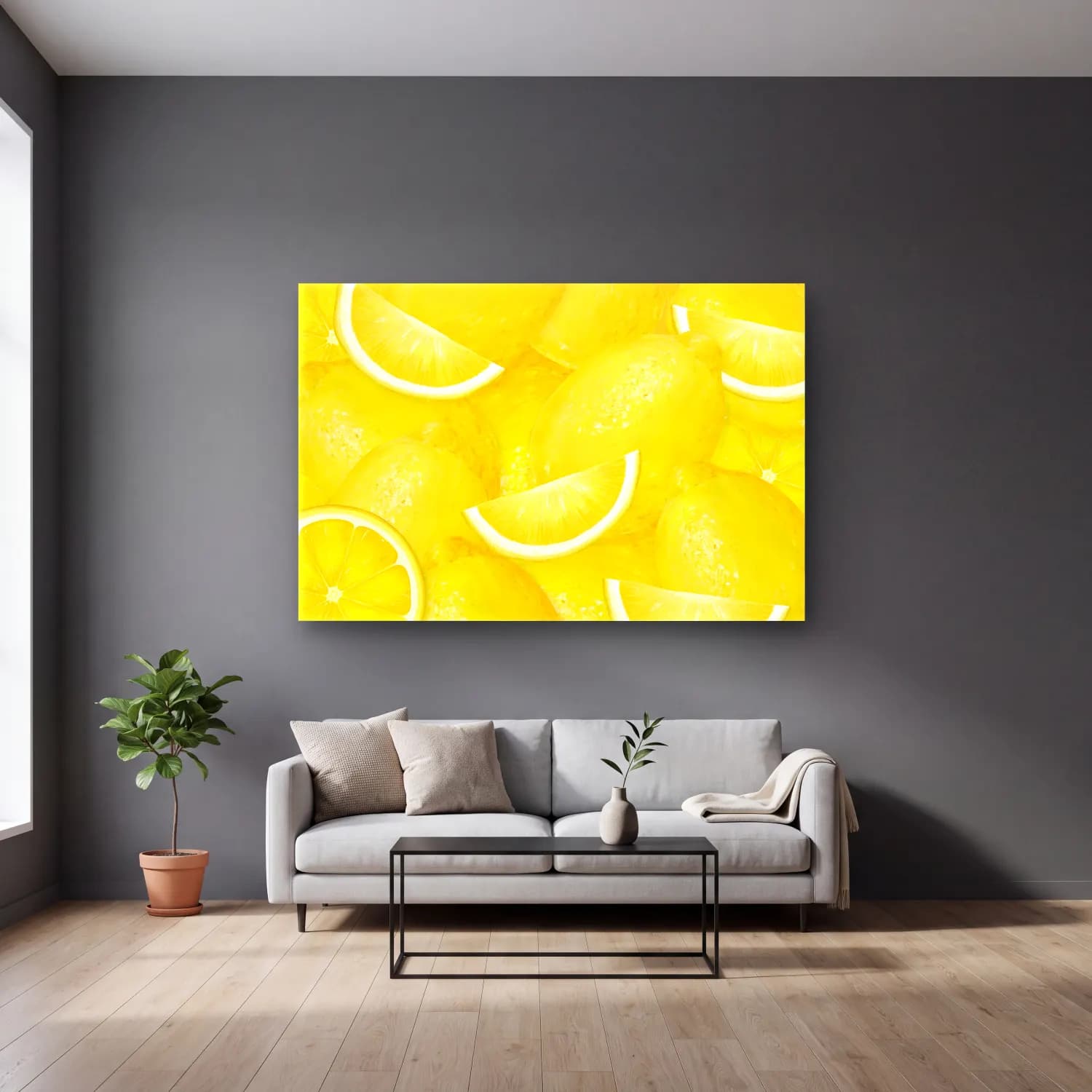 Retro Limonlar – Sarı Tonlar cam tablo — gri duvarlı salonda