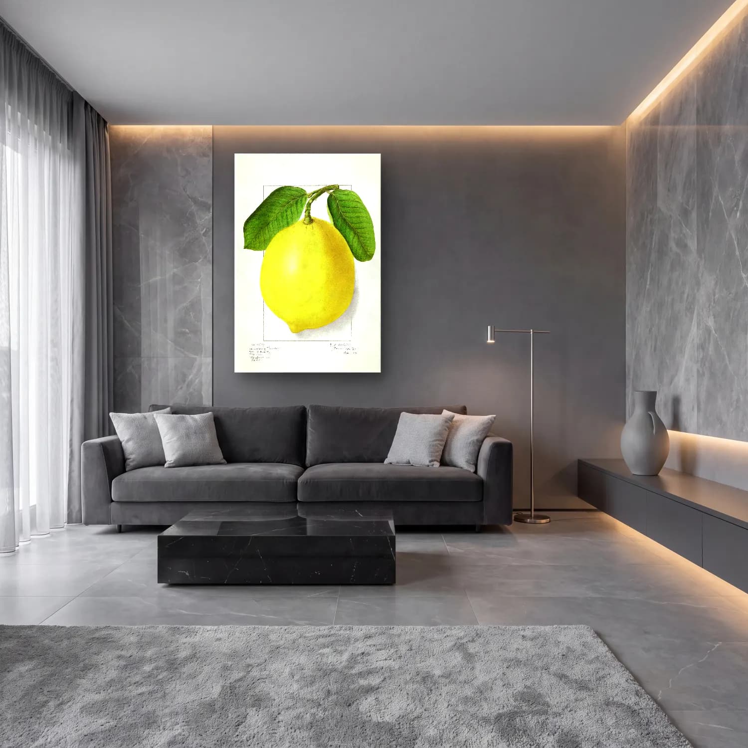 Botanik İllüstrasyon Limon Dalı No. 4 cam tablo — lüks salon duvarında