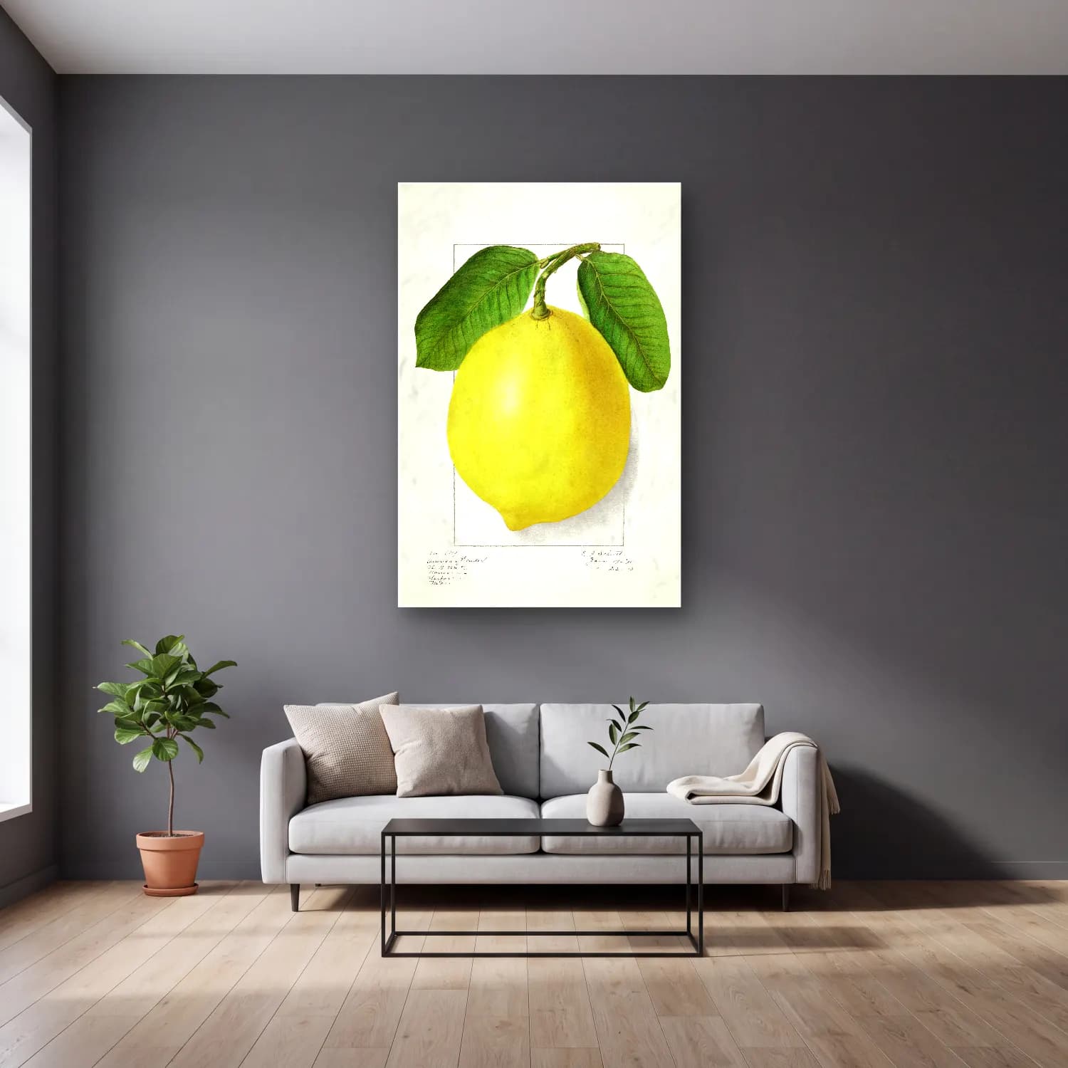 Botanik İllüstrasyon Limon Dalı No. 4 cam tablo — gri duvarlı salonda
