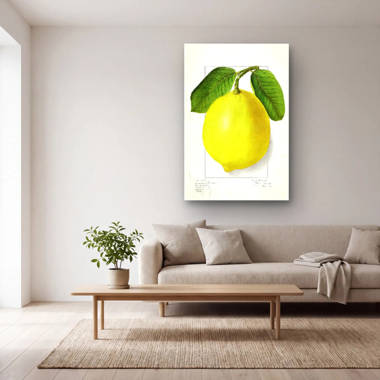 Botanik İllüstrasyon Limon Dalı No. 4 cam tablo — açık renk salonda