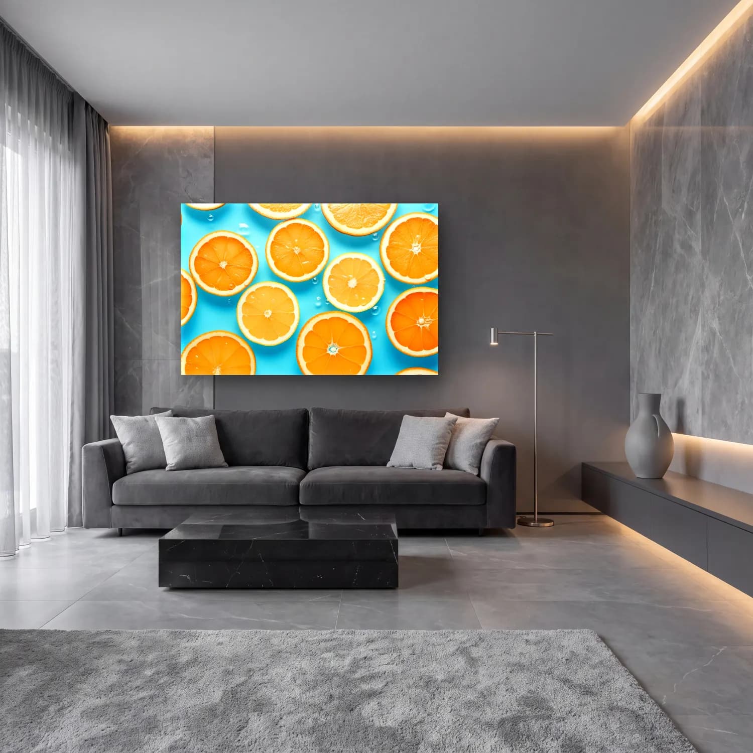 Pastel Portakallar No. 5 cam tablo — lüks salon duvarında