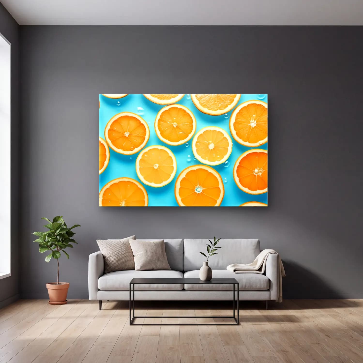 Pastel Portakallar No. 5 cam tablo — gri duvarlı salonda