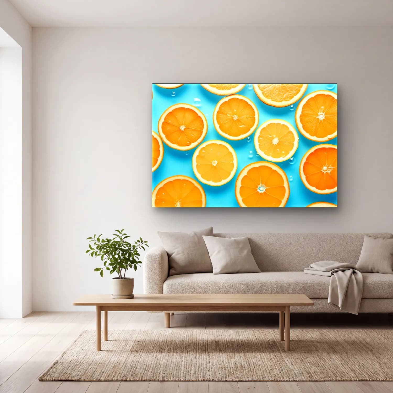 Pastel Portakallar No. 5 cam tablo — açık renk salonda
