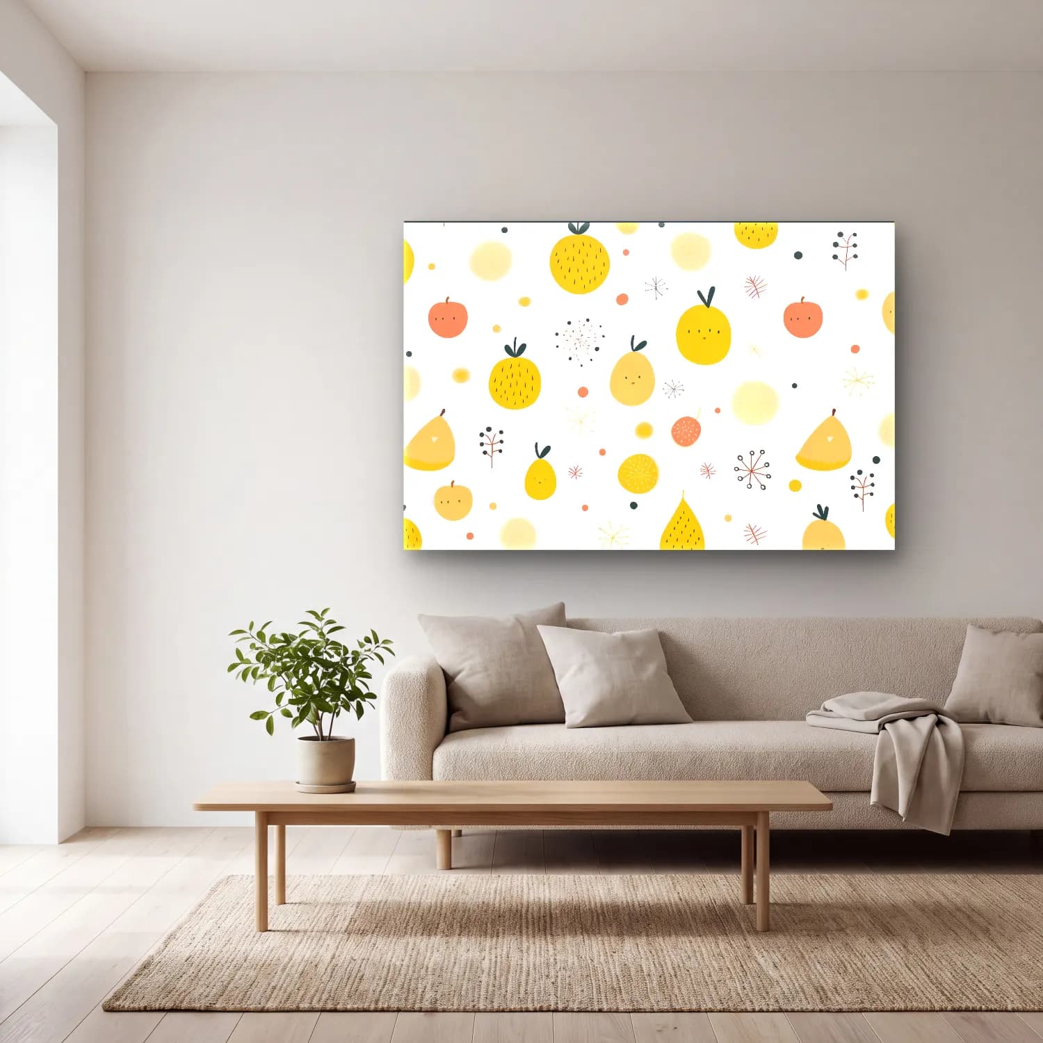 Retro Limonlar No. 5 cam tablo — açık renk salonda