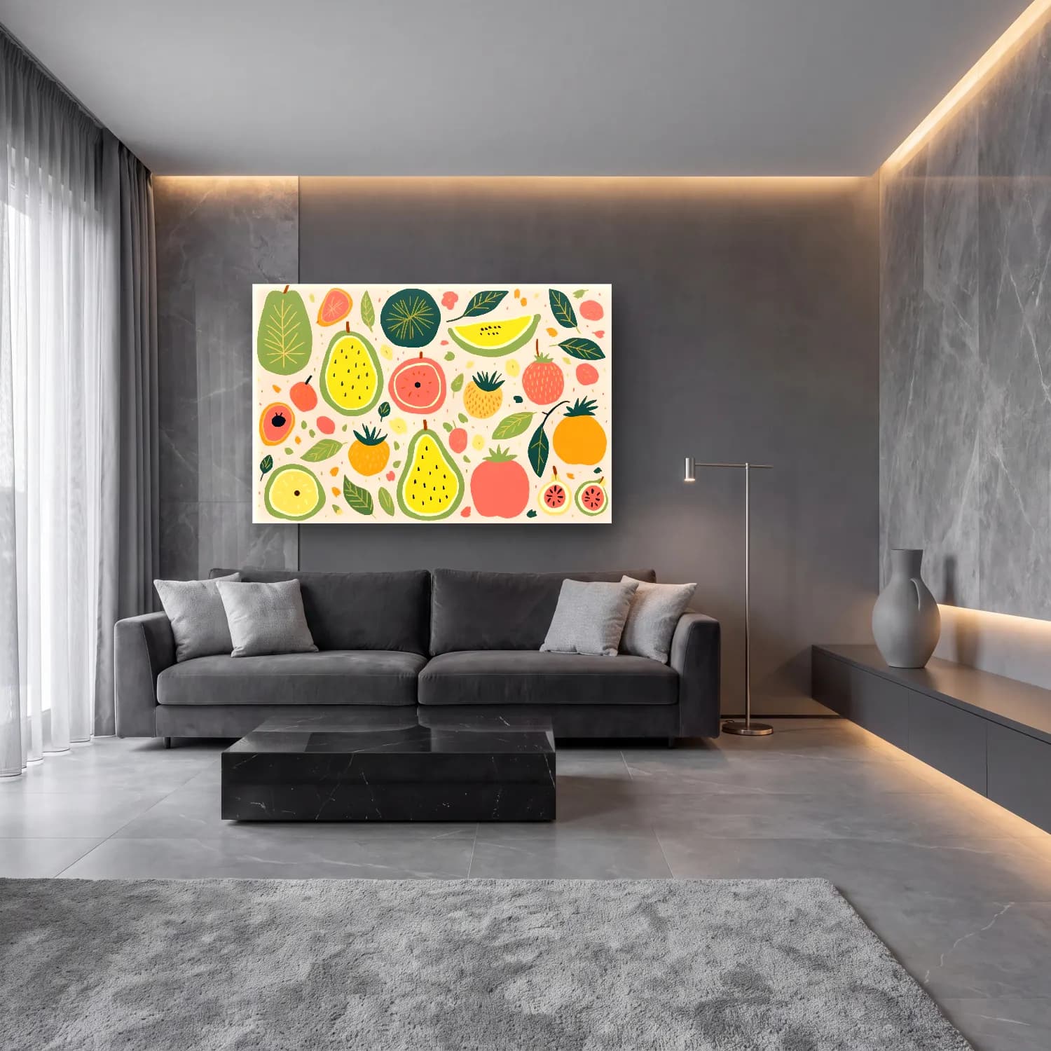 Pastel Armut ve Elmalar cam tablo — lüks salon duvarında