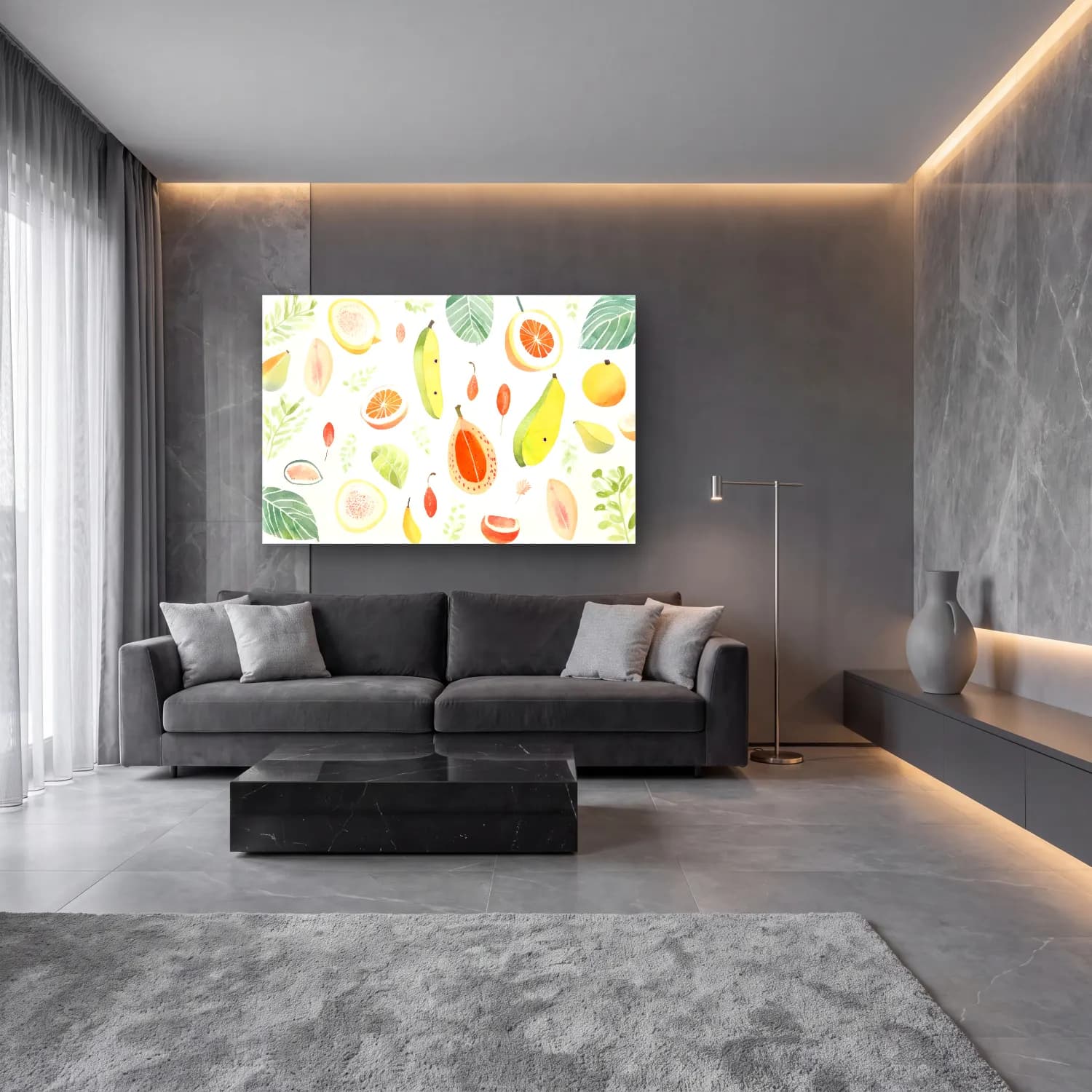 Pastel Limonlar No. 4 cam tablo — lüks salon duvarında